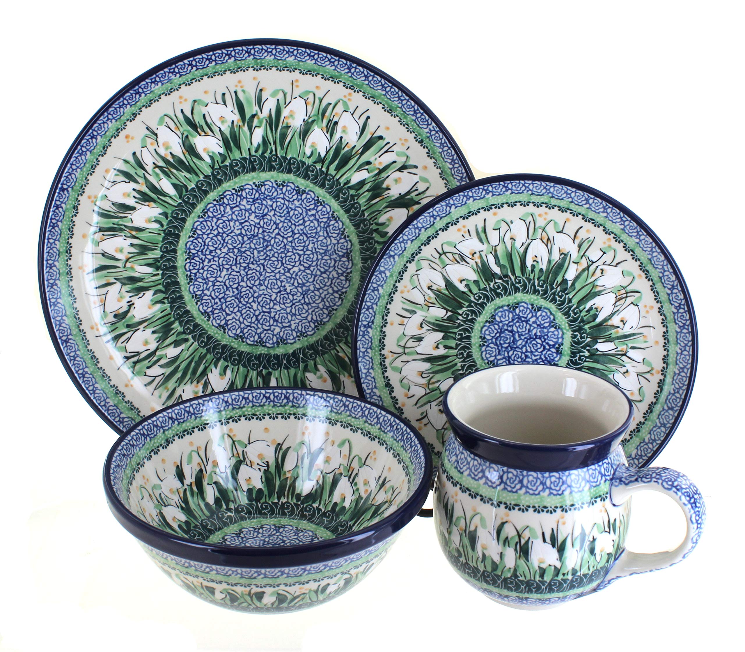 Blue Rose Polish Pottery Snowdrop 4-Piece Place Setting - Dinnerware Set for 1, Handcrafted Ceramic Plates & Bowls - Perfect for Home Dining, Gifts & Special Occasions