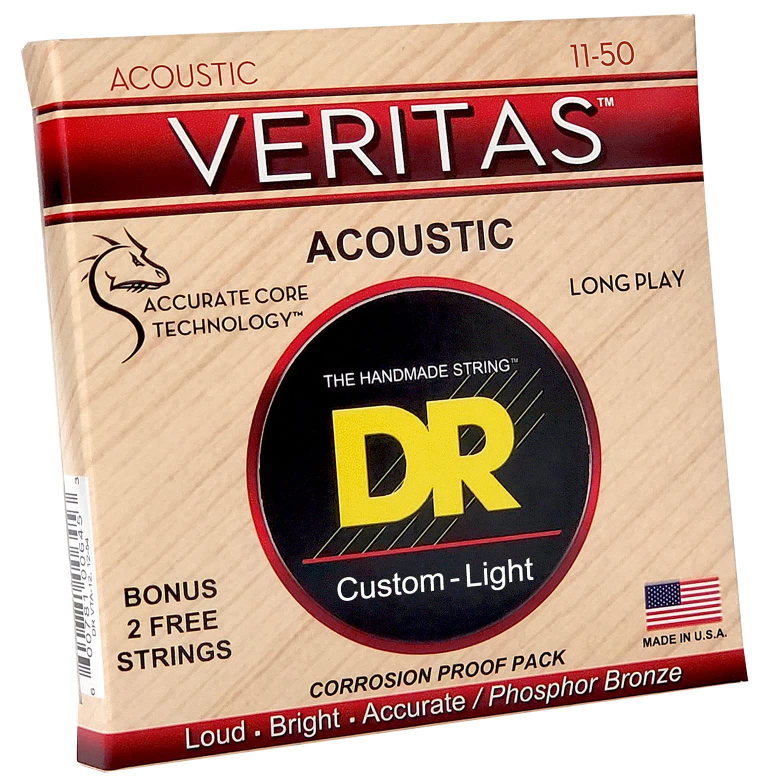 DR Strings VTA-11 Veritas Phosphor Bronze Acoustic Guitar Strings 11-50 Custom Light Gauge Set | Bright Tone & Long-Lasting Performance for Folk, Country & Fingerstyle Playing