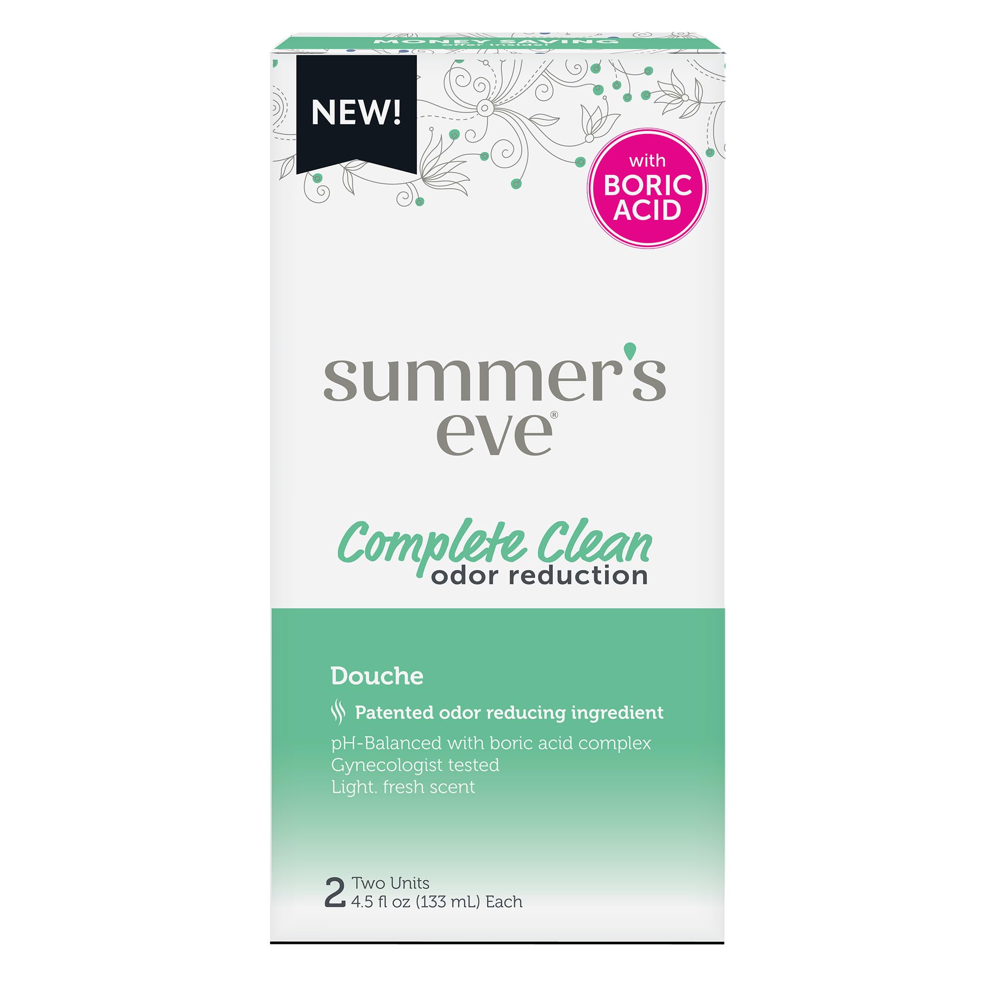Summer's Eve Feminine Douche with Boric Acid Complex - Complete Odor Control & Freshness, 2 Pack (4.5 oz Each) | Gentle Cleansing for Daily Feminine Hygiene & Intimate Care