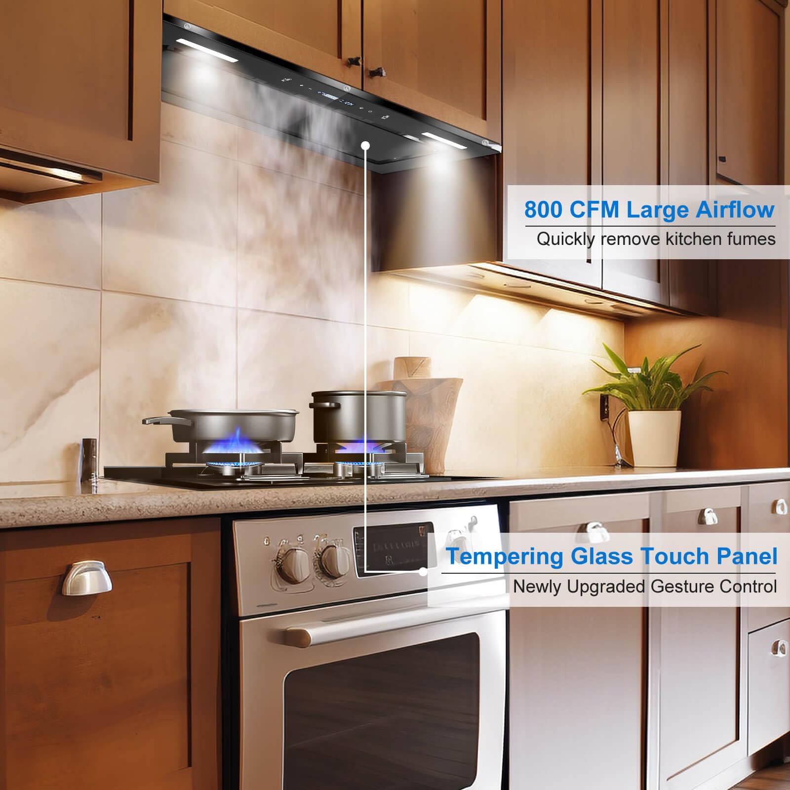 30 Inch 800 CFM Range Hood Insert - Built-in Black Glass Kitchen Vent Hood with Gesture & Touch Control, Recirculating Stove Hood with Mesh Filters, Dual LED Lights, Ducted/Ductless Convertible - Perfect for Modern Kitchens & Cooking Spaces
