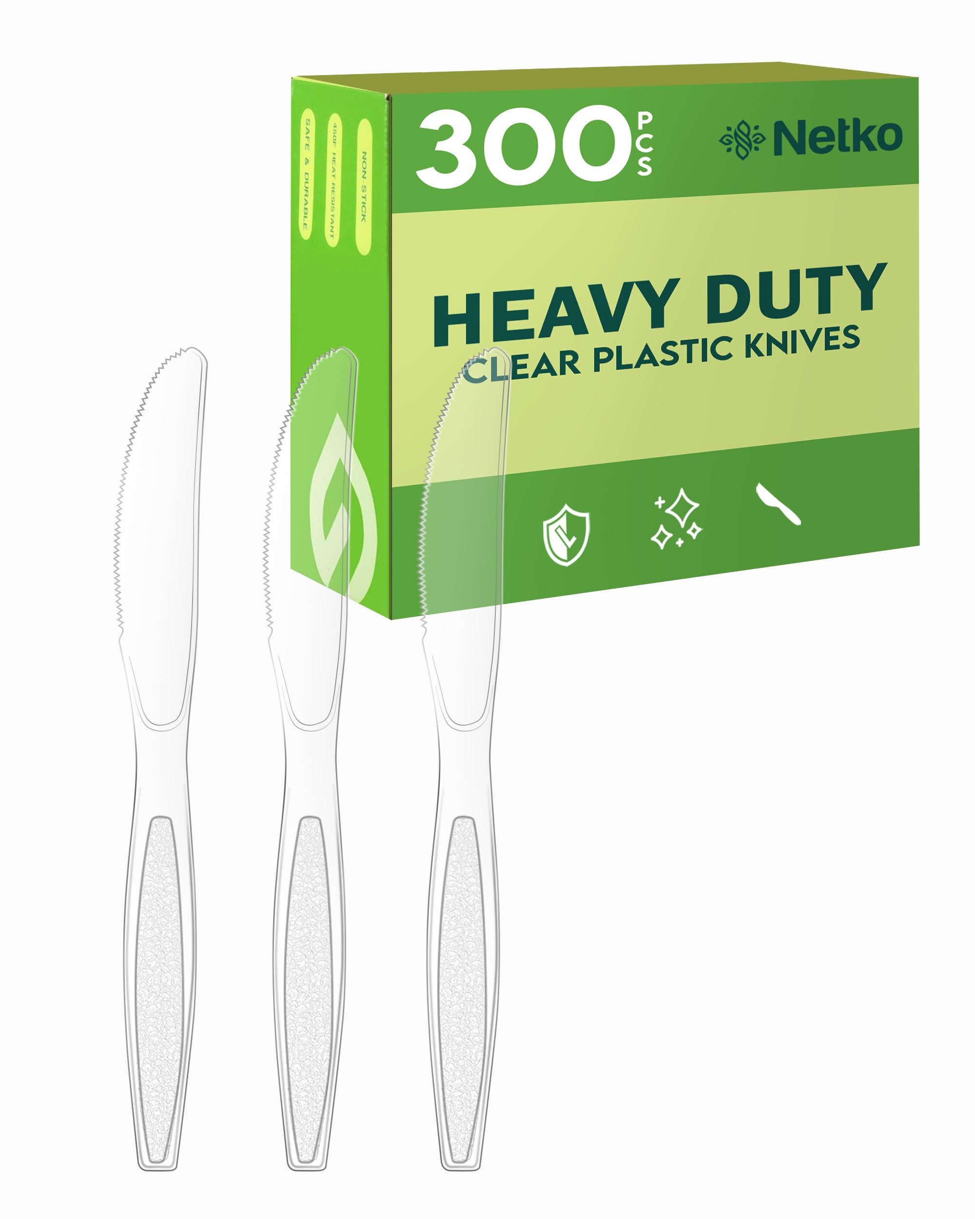 Netko Heavy Duty Plastic Knives - 300 Pack Disposable Clear Plastic Cutlery with Engraved Design for Parties, Picnics & Catering Events | BPA-Free Durable Plastic Knives