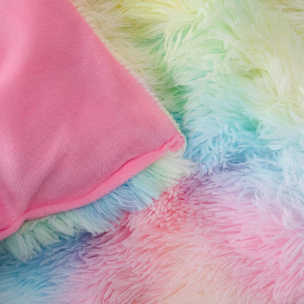 Luxury Faux Fur Comforter Set Full/Queen Size - Ultra Soft Rainbow Pink Fluffy Fuzzy Microfiber Bedding with 2 Pillowcases | Cozy Winter Bedding for Girls Room, Dorm & Home Decor