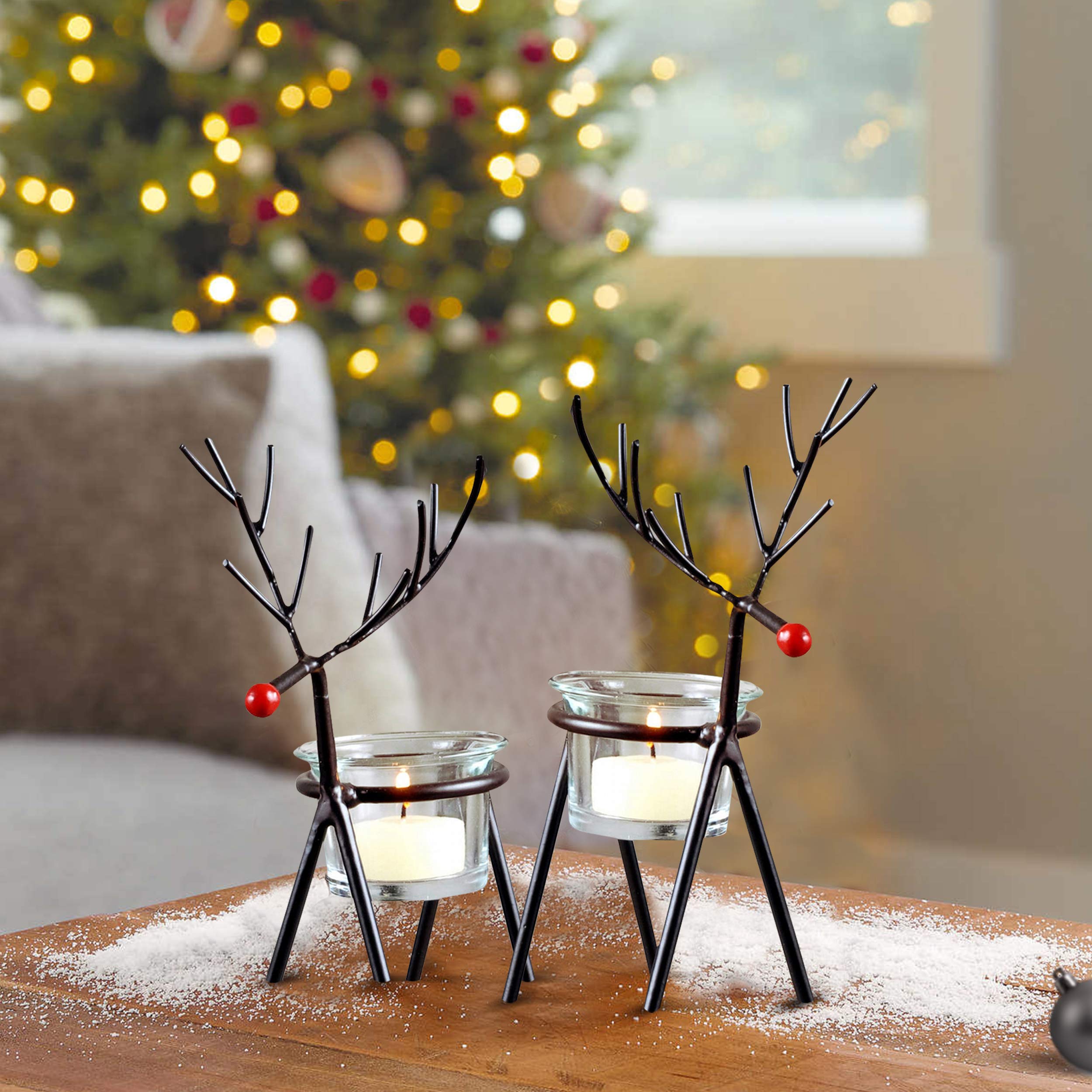 TIED RIBBONS Set of 2 Reindeer Tealight Candle Holders with Glass - Elegant Iron Home Decor for Christmas, Wedding, Party | Indoor & Outdoor Table Decoration | Perfect Holiday Gift Idea