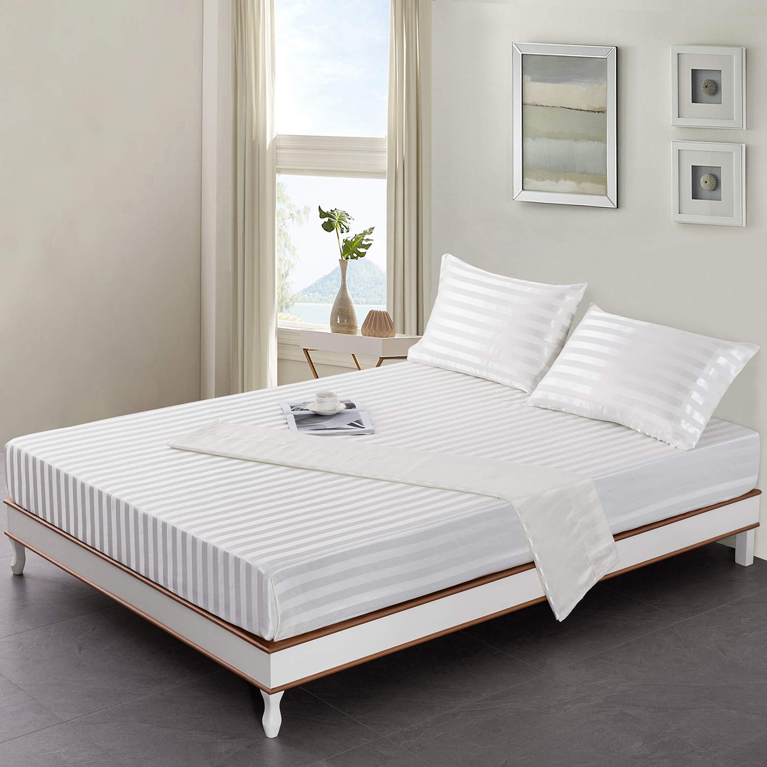 Lanest Housing Satin-Silk King Size Bed Sheets Set - Ivory White Cooling Soft Deep Pocket Sheets, Hypoallergenic Wrinkle & Fade Resistant Striped Bedding - Perfect for Luxury Hotels, Master Bedrooms & Hot Sleepers