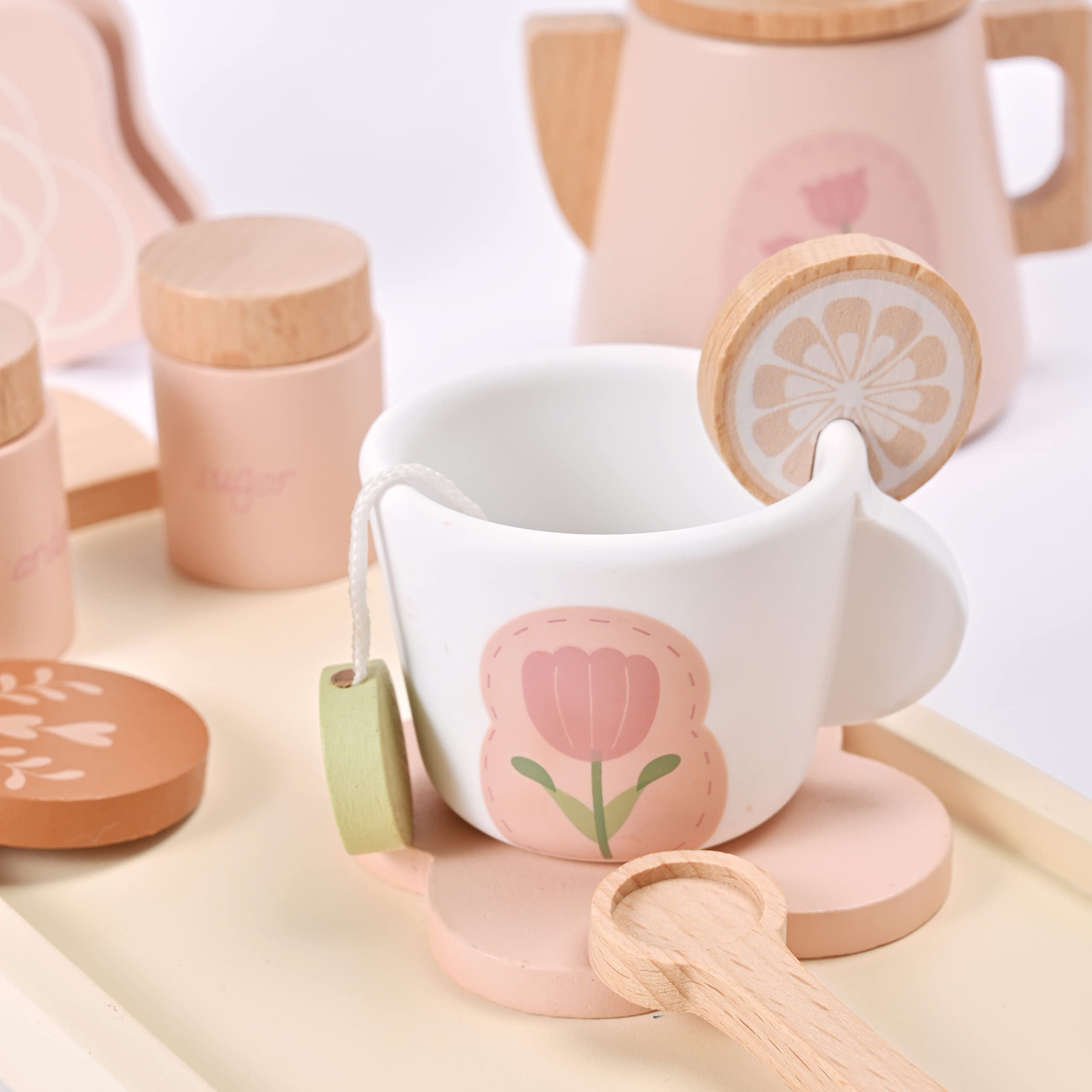 Wooden Tea Set for Toddlers & Little Girls - Montessori Pretend Play Toy with Play Food, Kids Kitchen Accessories for Tea Party & Role Play - Perfect for Pretend Play, Montessori Learning & Toddler Tea Parties