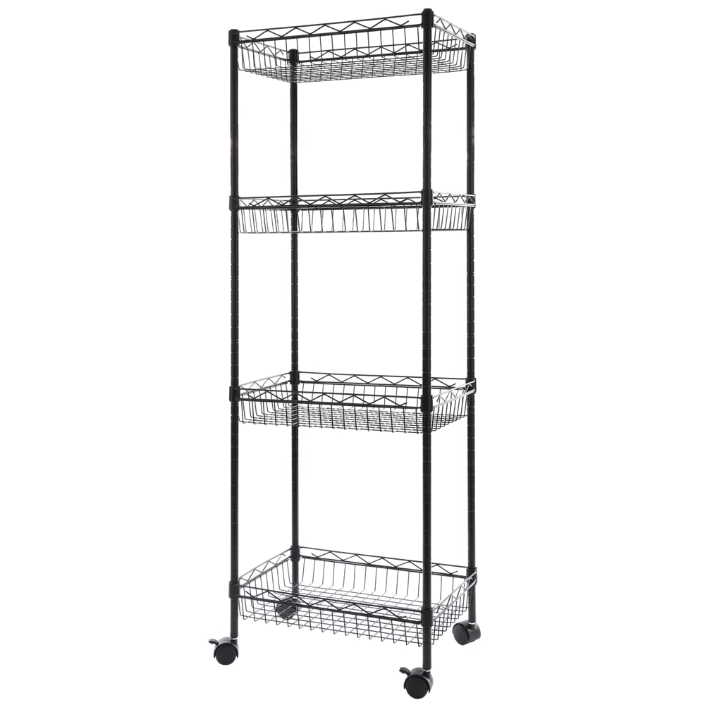 REGILLER 4-Tier Metal Wire Storage Shelving Rack with Baskets - Adjustable Corner Shelf Organizer for Laundry, Bathroom, Kitchen, Pantry, Closet & Garage - Heavy Duty Tool Storage Shelf (Black) | Perfect for Organizing Cleaning Supplies, Toys, Books & Home Essentials