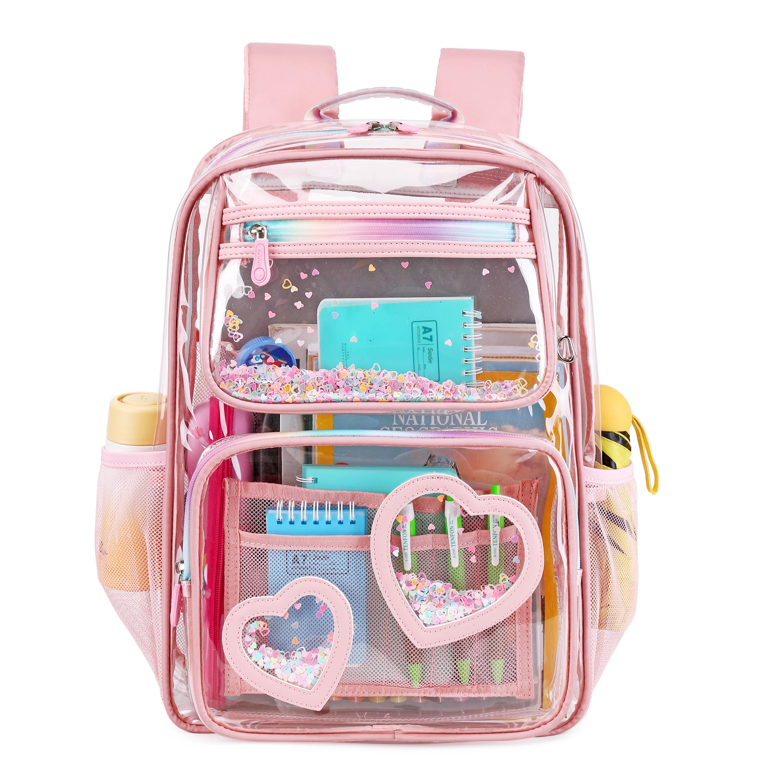 Caoroky Knight Clear Stadium Backpack - Heavy Duty TPU Transparent Bookbag for Women, Girls & Kids - Perfect for School, Travel, Sports Events & Concerts (Pink)