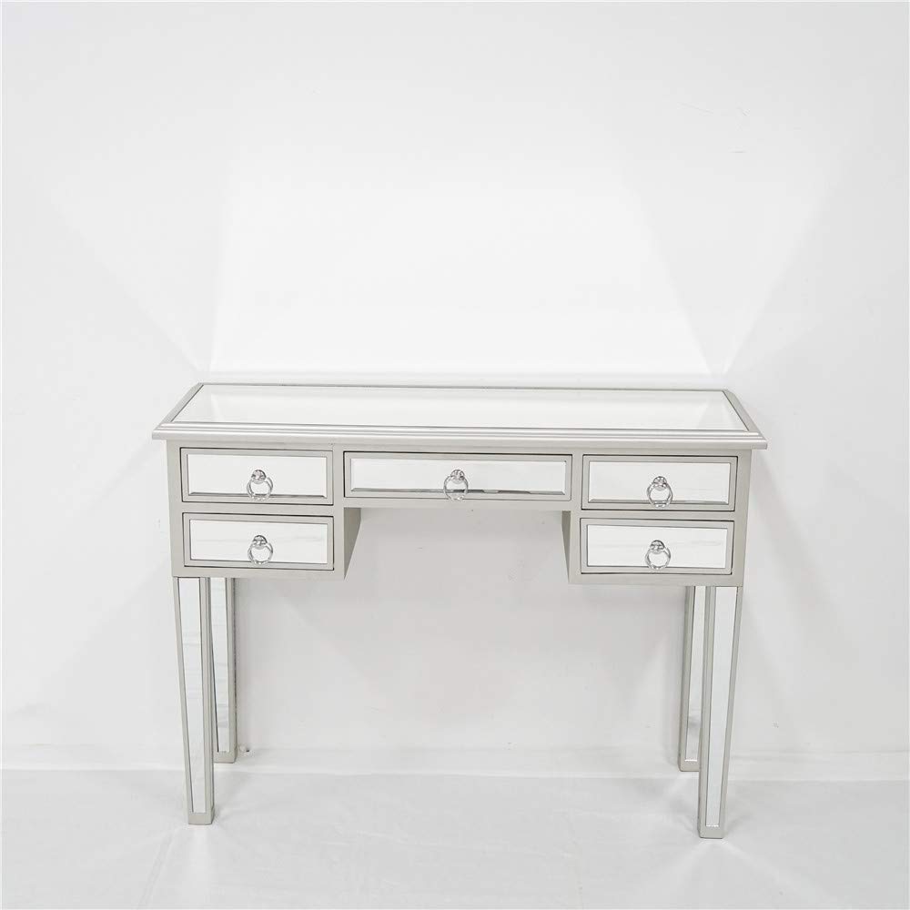5-Drawer Mirrored Console Table with Antique Silver Finish - Elegant Entryway Sofa Table with Mirror Top for Hallway, Living Room & Bedroom Decor