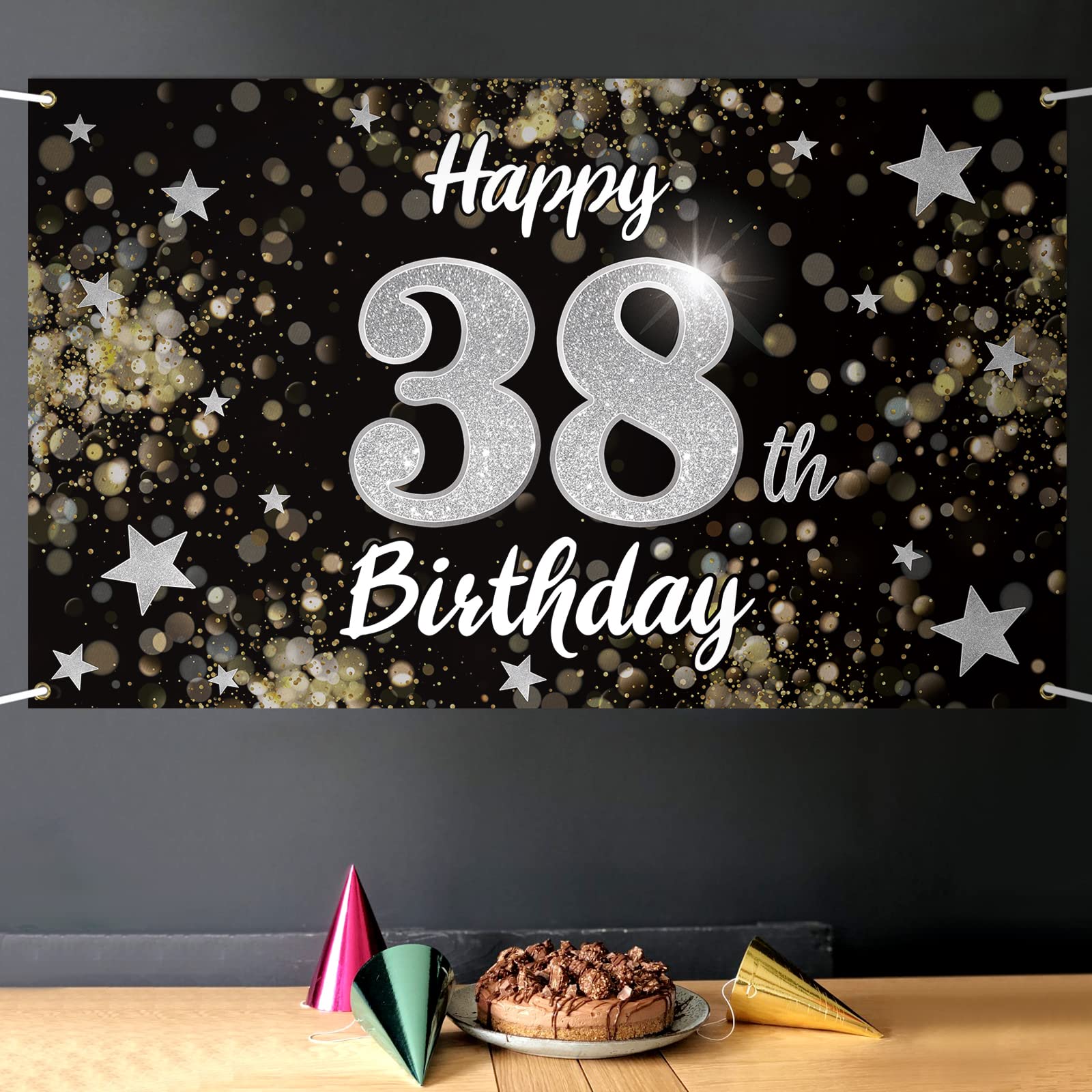 38th Birthday Decorations - Black & Silver Dream Star Large Backdrop Banner for 38 Year Old Birthday Party | Cheers to 38 Years Sign | Perfect for Milestone Celebrations, Photo Booths & Home Decor
