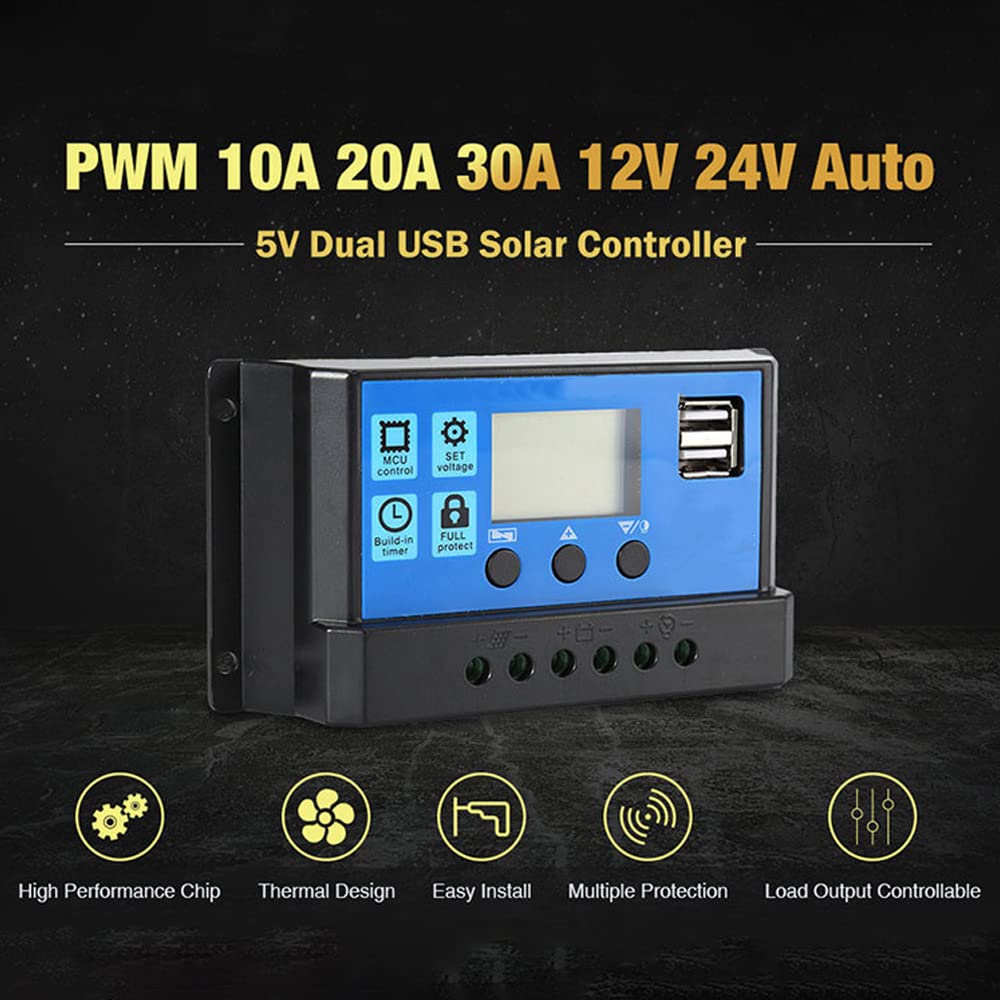 Qingyuan Universal Solar Panel Charge Controller Regulator 12V/24V Auto with Dual USB Ports - Perfect for DIY Solar Projects, RV, Boat, Off-Grid Power Systems & Camping