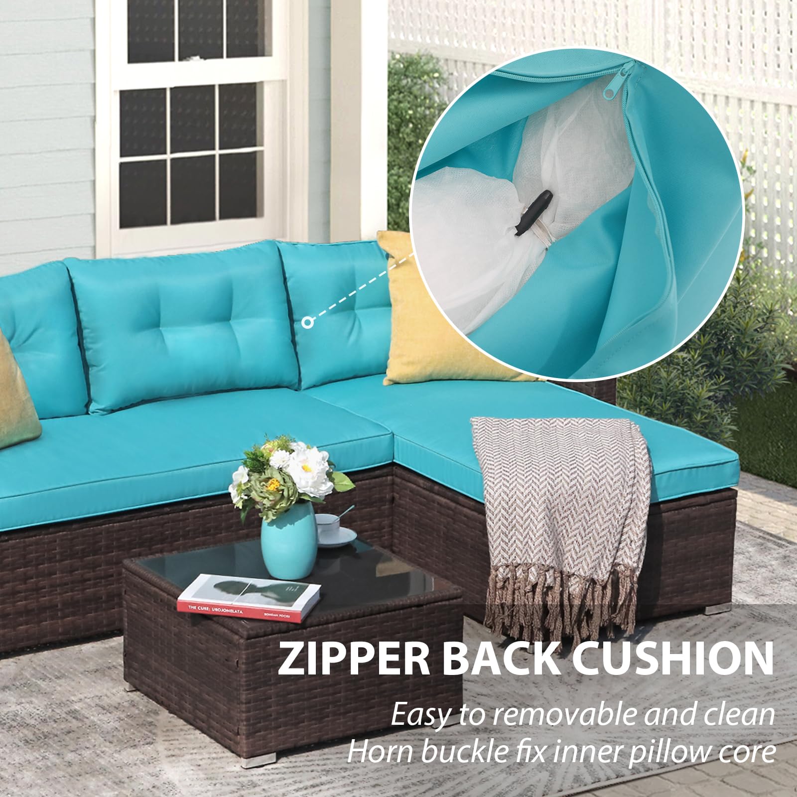 JOIVI 3-Piece Outdoor Wicker Patio Furniture Set with Tempered Glass Coffee Table - Turquoise Color, All-Weather Rattan Sofa Sectional for Garden, Poolside, and Backyard Relaxation