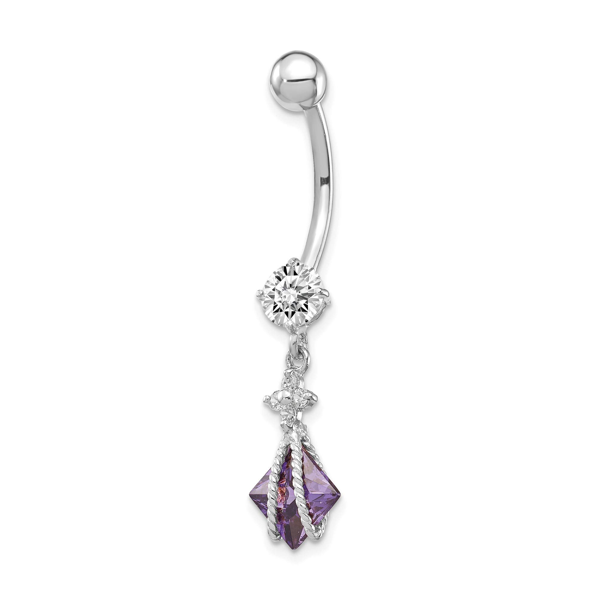 10K White Gold Square Amethyst CZ Belly Dangle Earrings for Women - Elegant Dangling Jewelry for Parties, Weddings & Special Occasions