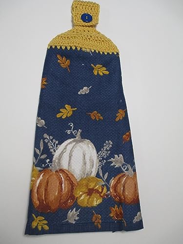 Handmade Crocheted Fall Leaves and Pumpkins Kitchen Towel Set - Cornsilk Yarn - Autumn Harvest Decor for Thanksgiving & Farmhouse Style Kitchens