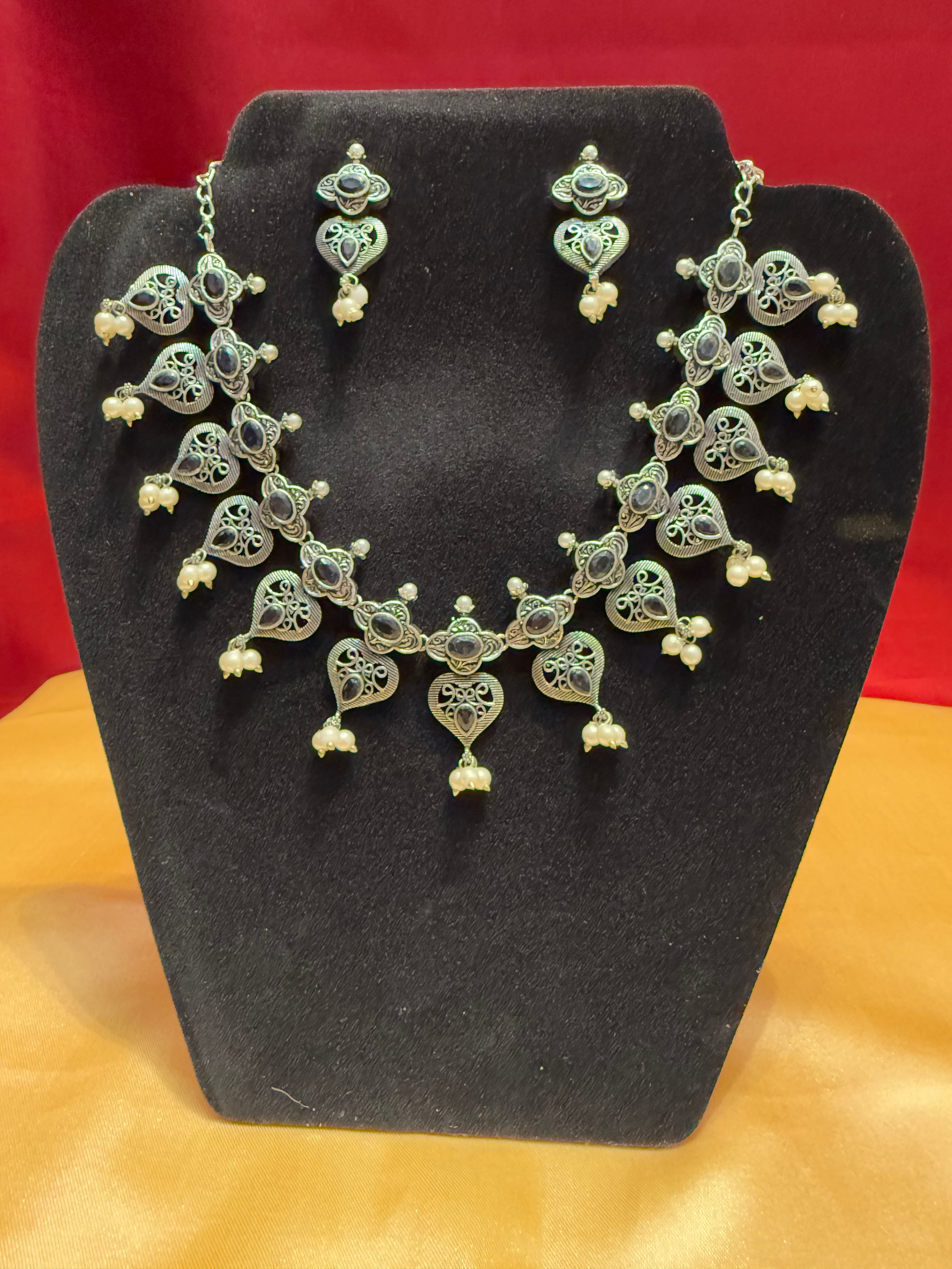 Elegant Black Oxidized Pearl Drop Necklace and Earrings Set - Perfect for Weddings, Parties & Special Occasions