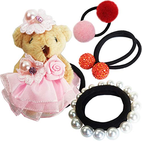 LONGWEIZ Women's Elastic Hair Ties - Soft Rubber Bands for Ponytails, Braids & Doll Styling (Pink Skirt Bear Design) - Perfect for Daily Use, Workouts & Fashion Accessories