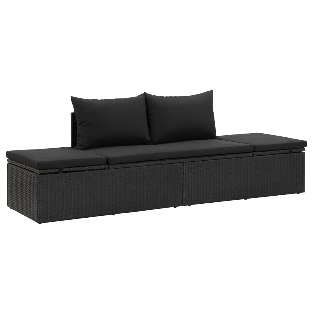 SKM Black Poly Rattan Sun Bed with Cushions - Outdoor Patio Lounge Chair for Poolside, Garden, and Backyard Relaxation