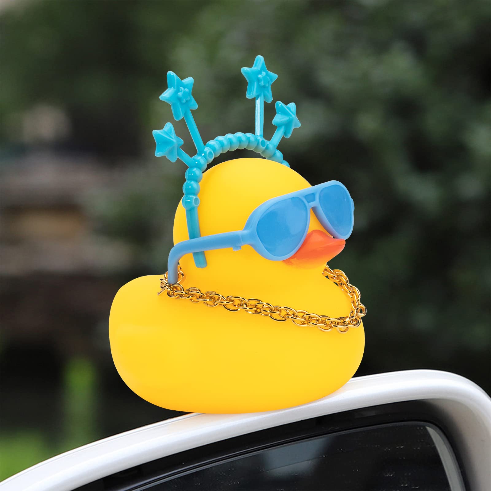 Wonuu Cute Rubber Duck Car Ornament with Headband, Swim Ring, Necklace & Sunglasses - Blue Star Headband Dashboard Decor for Cars - Perfect for Gifts, Parties & Car Accessories