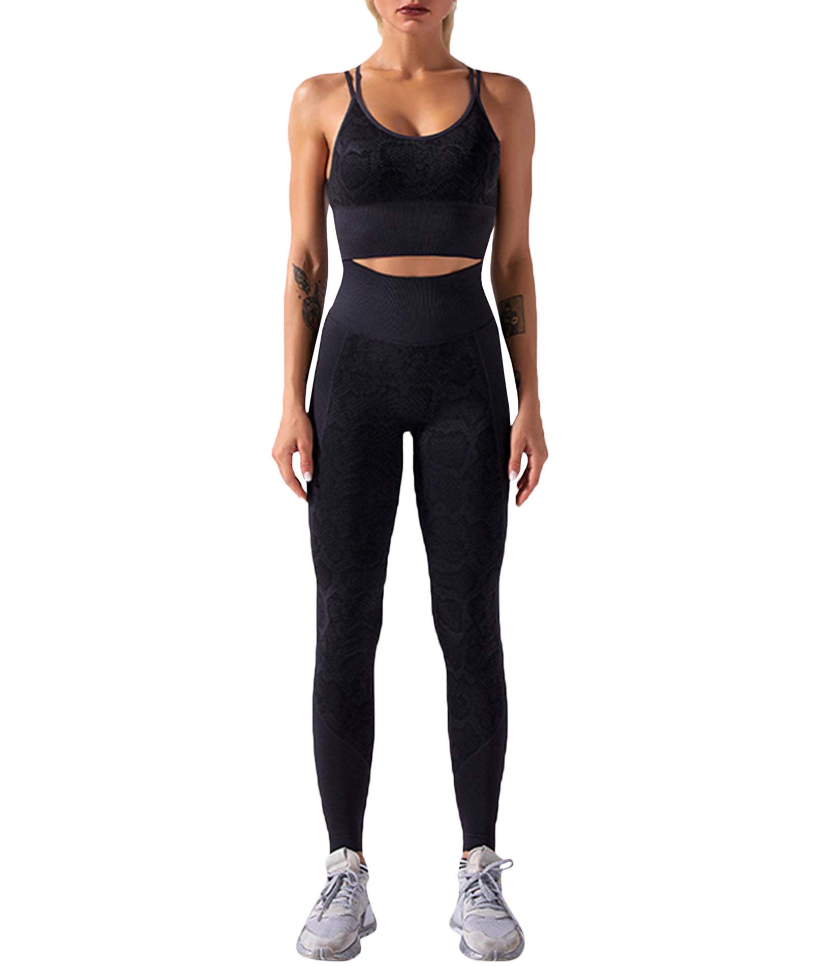 MACCHIASHINE Women's 2-Piece Pattern Print Sports Bra & Yoga Leggings Set - Racerback Workout Outfit for Gym, Running & Yoga | Moisture-Wicking Activewear