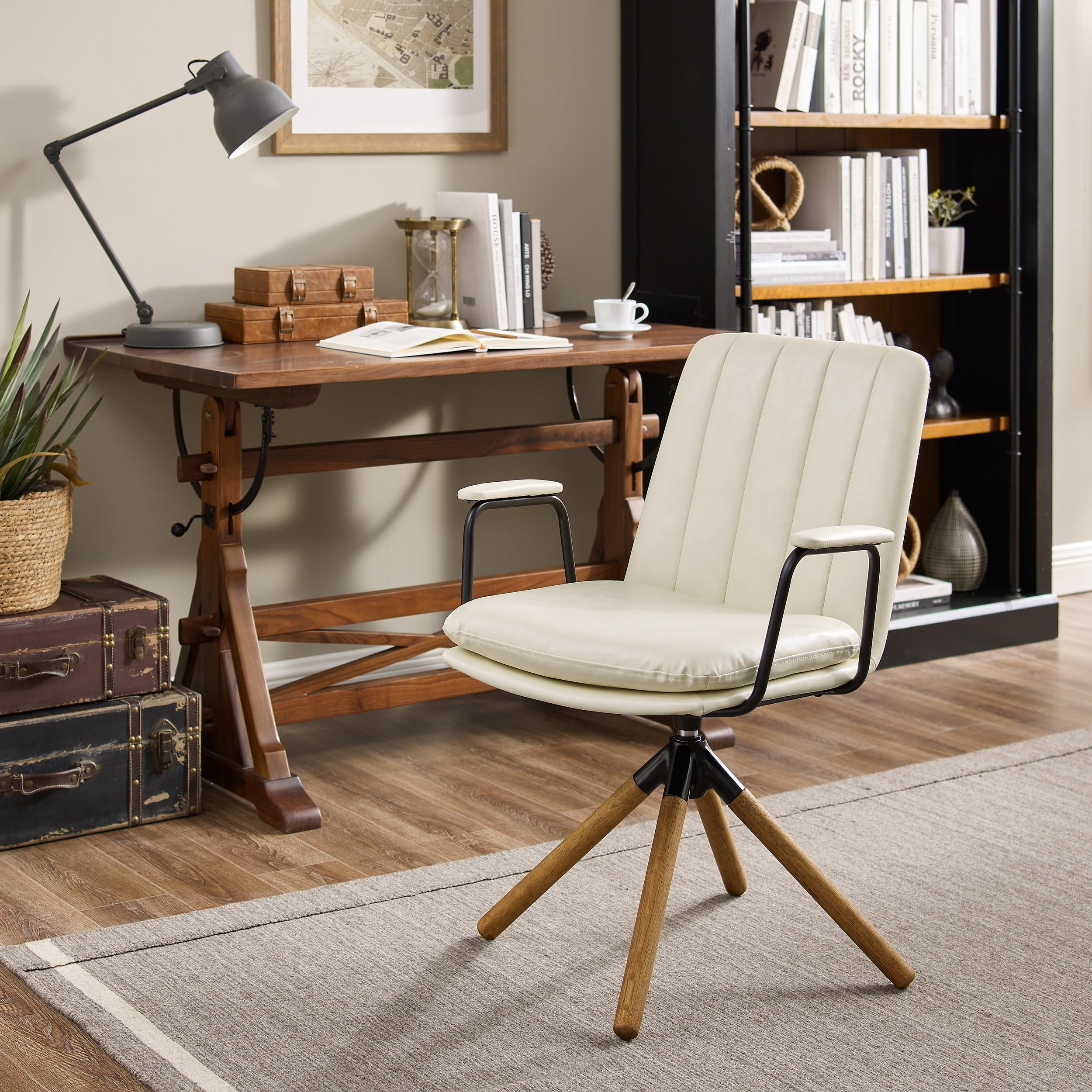 Zouron Mid Century Modern Office Chair - Ergonomic Swivel Desk Chair with PU Leather & Oak Wood Legs, Off-White (No Wheels) - Perfect for Home Office, Living Room & Workspace