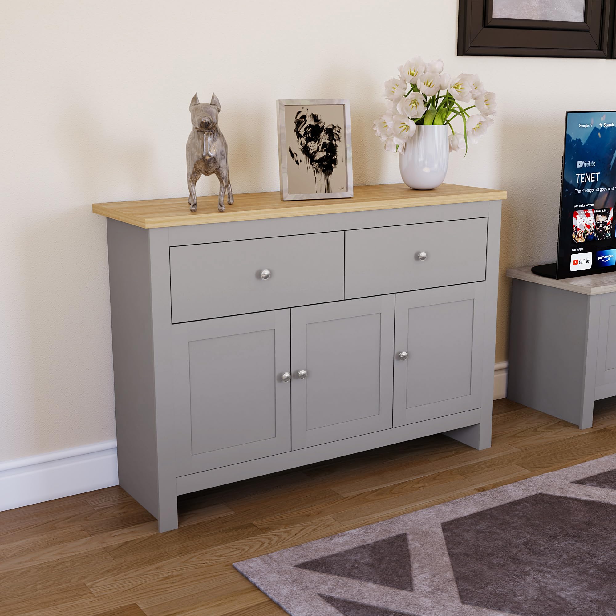 Vida Designs Arlington 2-Drawer 3-Door Sideboard Cabinet - Engineered Wood Storage Console Table in Grey & Oak Finish - 82cm Height x 117cm Width x 35cm Depth - Perfect for Living Room, Dining Room, or Entryway Storage