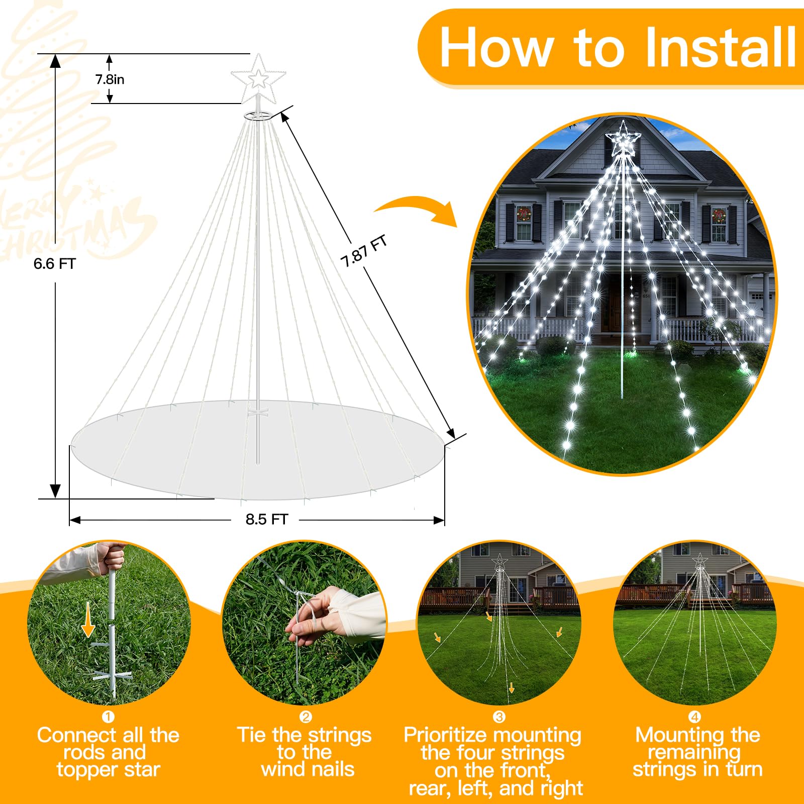 Shineshine 340LED Christmas Tree Lights - IP67 Waterproof Outdoor Holiday Decorations with Star Topper, 8 Lighting Modes & 3 Timers, Dimmable for Yard, Garden, Patio (White) HG-6V222C | Perfect for Christmas, New Year, Winter Decor & Outdoor Parties