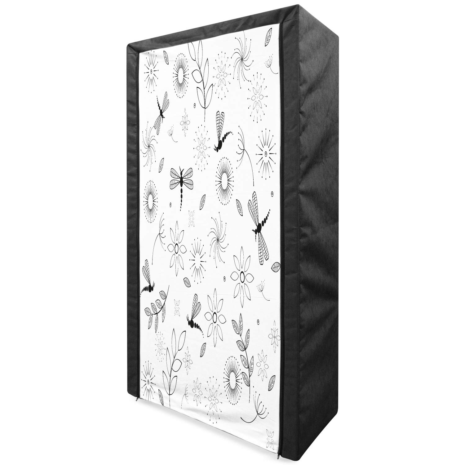 Ambesonne Dragonfly Fabric Wardrobe - Portable Clothing Organizer with Shelves, 33.5 Inch Black & White Bohemian Style Butterfly & Floral Print - Perfect for Bedroom, Closet & Small Space Storage