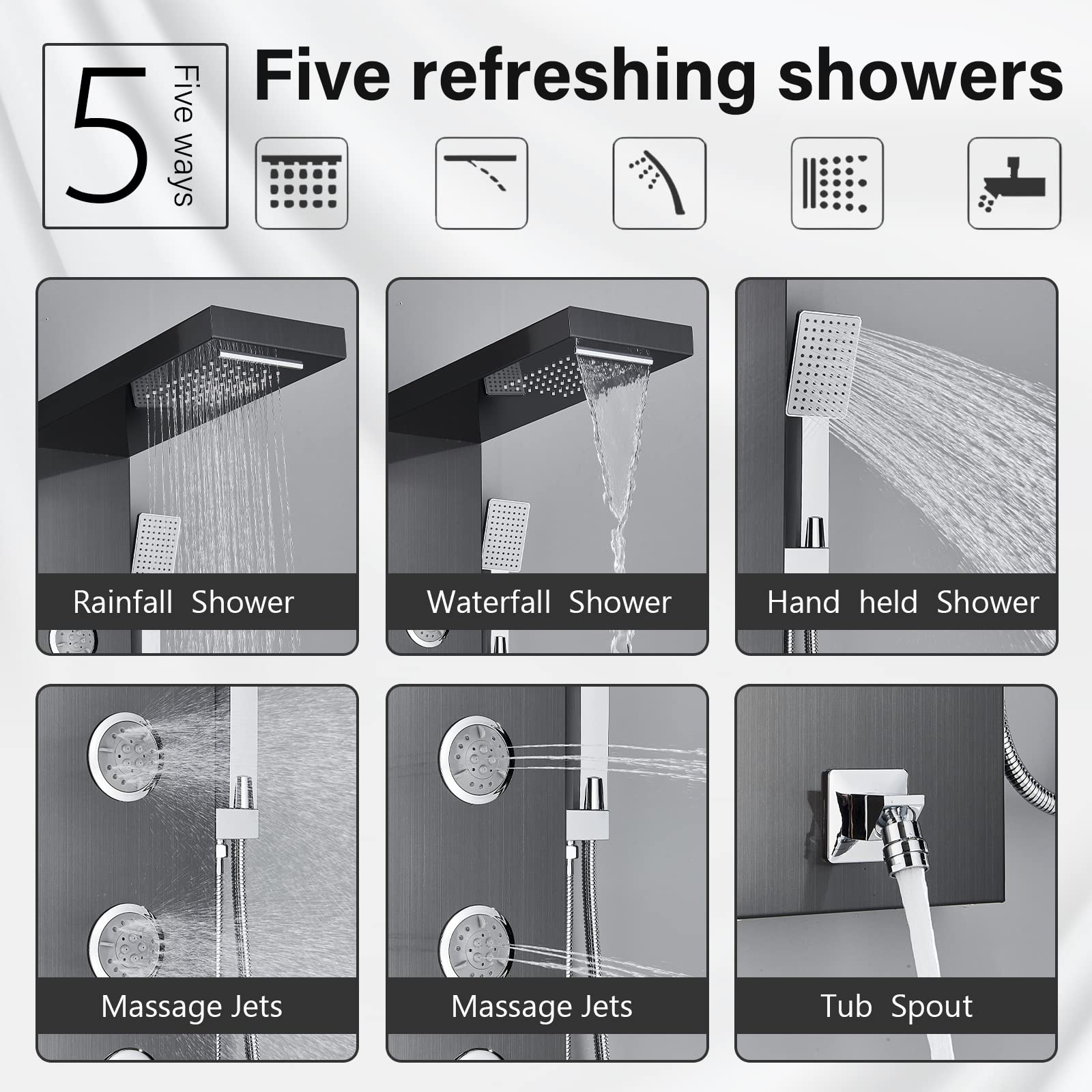 AlenArt Stainless Steel Shower Panel Tower System - Multi-Function Shower with Body Jets, Handheld Sprayer, Rainfall Shower Head & Tub Spout - Wall Mounted Black Shower Panel for Luxury Bathroom Upgrade
