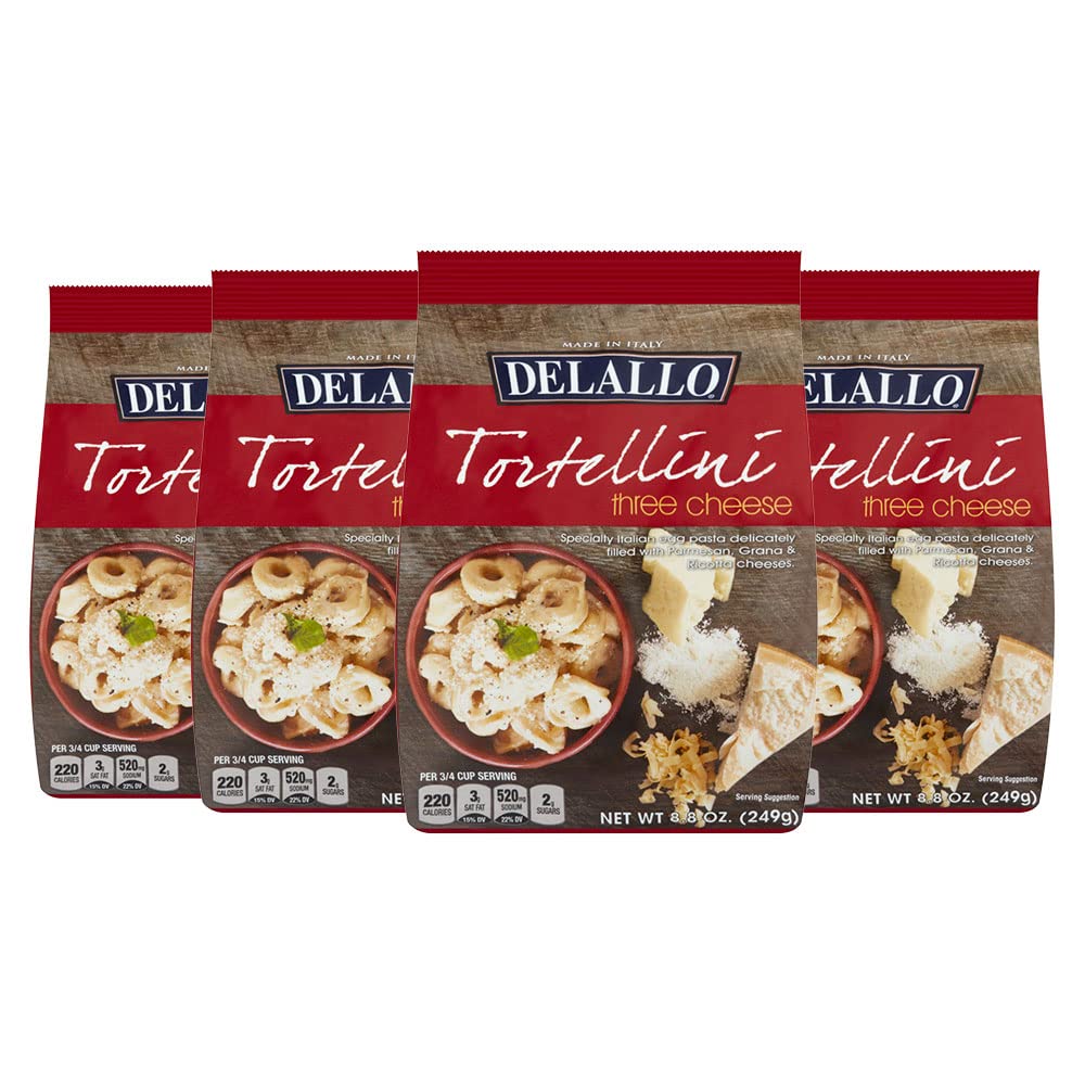 DeLallo Three Cheese Tortellini Pasta - 8.8 oz Bag (4 Pack) | Authentic Italian Pasta with Parmesan, Romano & Ricotta Cheeses | Perfect for Quick Dinners, Family Meals & Italian Recipes