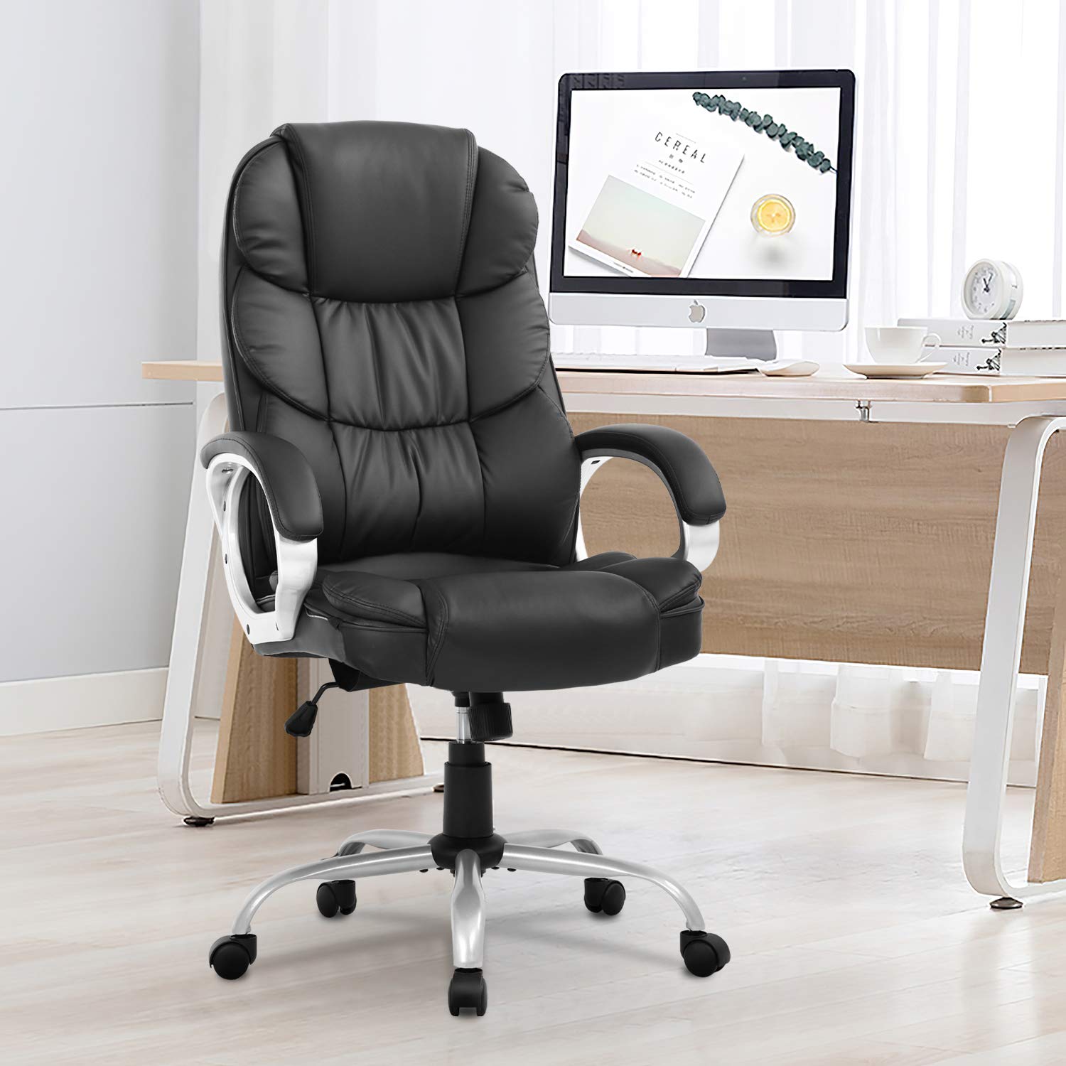 Ergonomic Office Chair - High Back PU Leather Executive Desk Chair with Adjustable Lumbar Support, Headrest & Armrest - Rolling Swivel Task Chair for Home & Office Workspace (Black) - Perfect for Long Hours of Computer Work, Gaming, and Remote Working