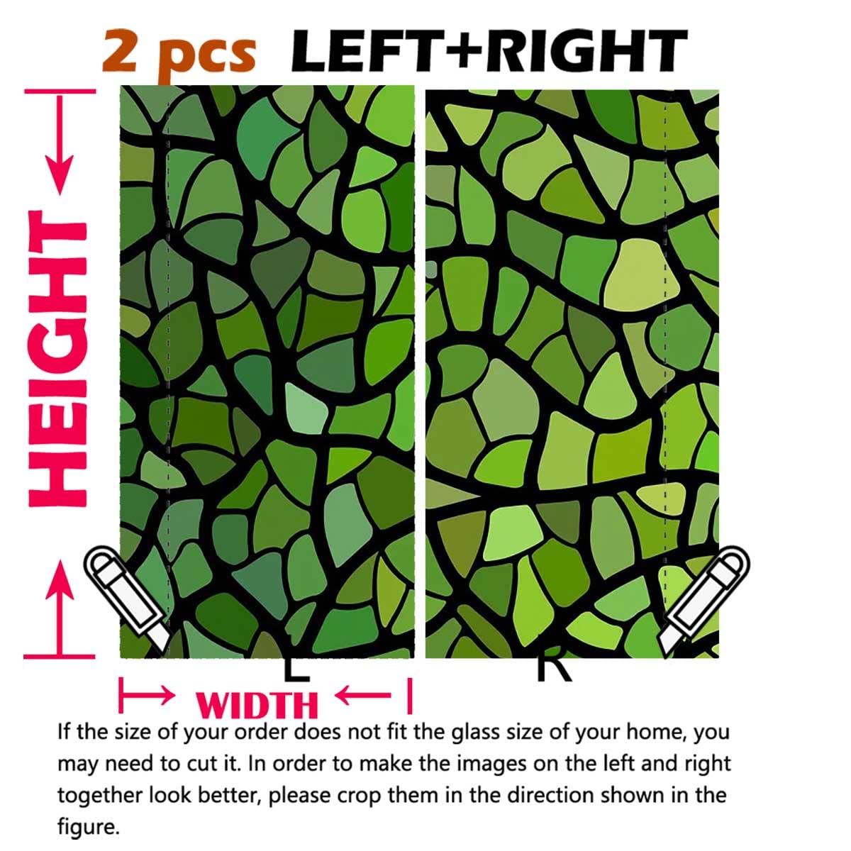 Stained Glass Window Cling - Green Retro Mosaic Privacy Film for Home | 3D Translucent Decorative Window Sticker for Bathroom, Bedroom & Office