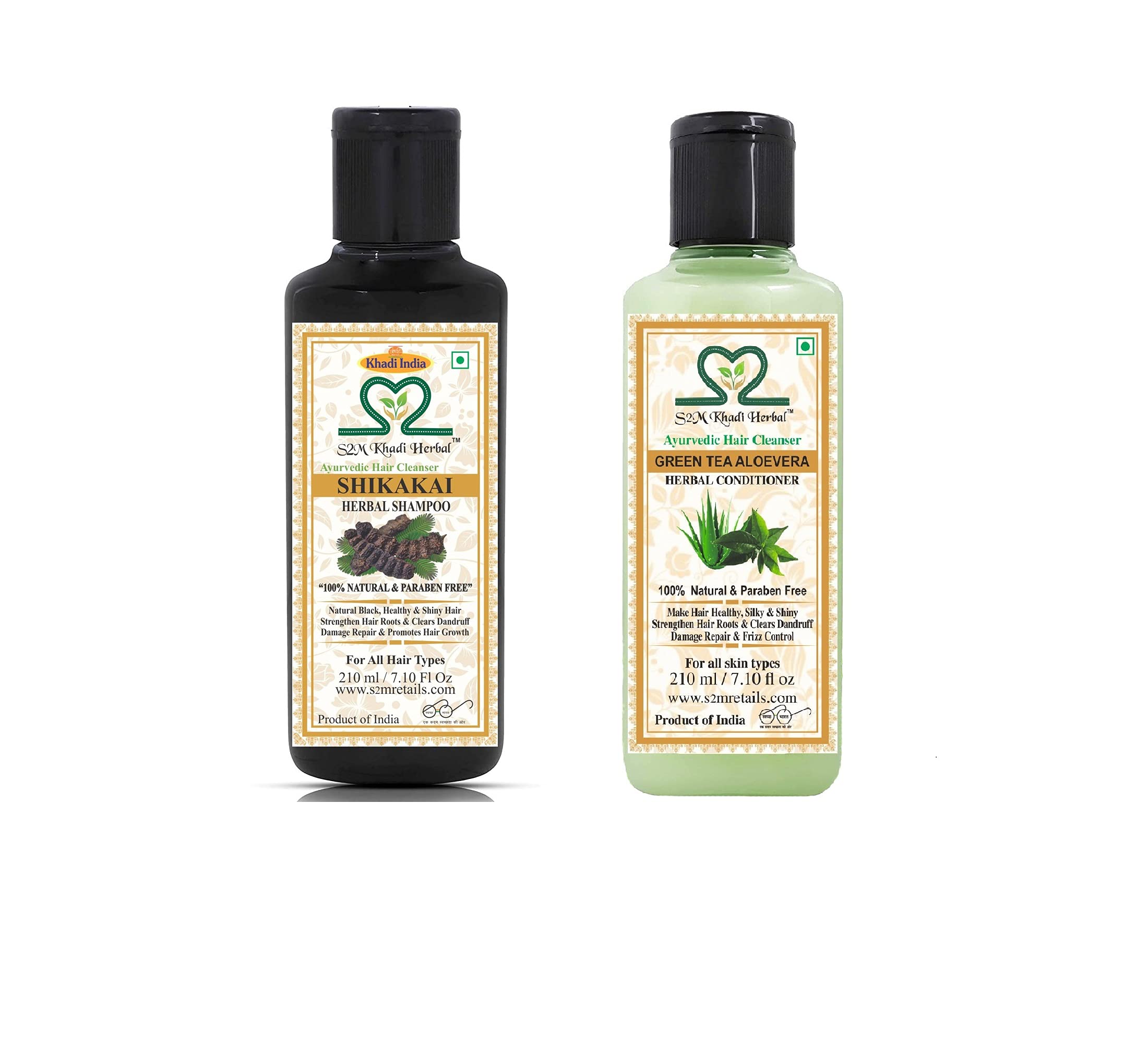 **S2M Khadi Herbal Ayurvedic Hair Care Kit - Shikakai Shampoo & Green Tea Aloe Vera Conditioner (210ml Each) | Natural Hair Growth, Dandruff Control | Perfect for Dry, Damaged & Frizzy Hair**