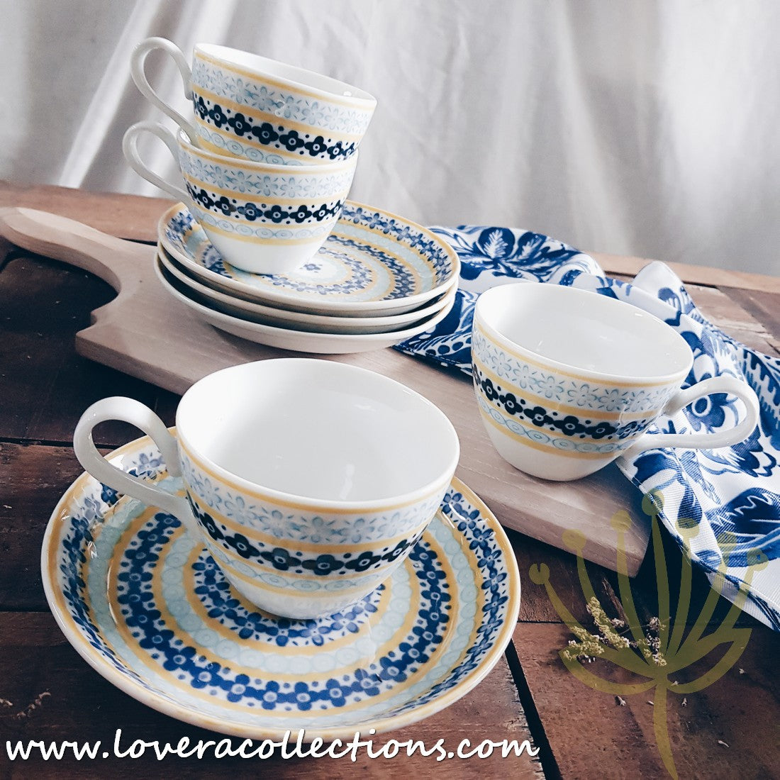 Awasaka Japan Blue & Yellow Floral Tea & Dinnerware Set - Elegant Japanese Ceramic Cups, Plates & Serving Dishes for Afternoon Tea, Dinner Parties & Home Decor