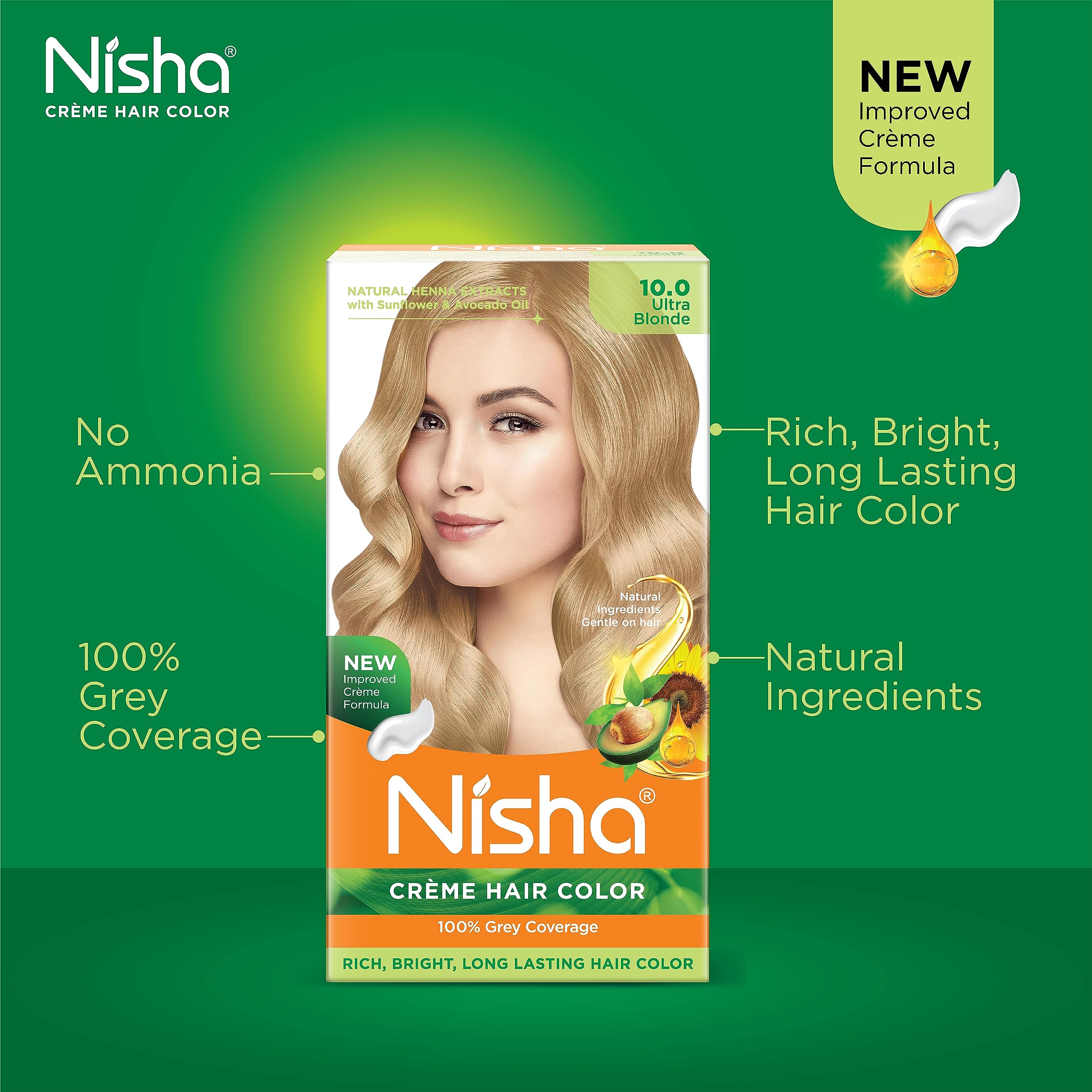 Nisha Creme Hair Color - Permanent Ultra Blonde Hair Dye with Natural Henna Extract | 100% Grey Coverage, Ammonia-Free, Silky & Shiny Results (60g+60ml) | Perfect for At-Home Hair Coloring & Salon-Quality Touch-Ups