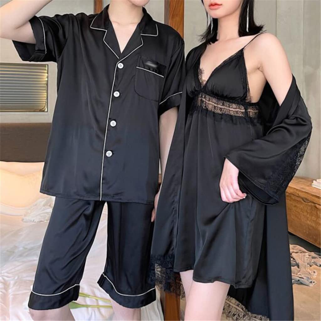 Summer Ice Silk Nightgown - Sexy Satin Nightdress & Couple Pajamas Set for Women & Men - Breathable Short Sleeve Sleepwear (Black, Men's XL) - Perfect for Romantic Nights & Comfortable Sleep