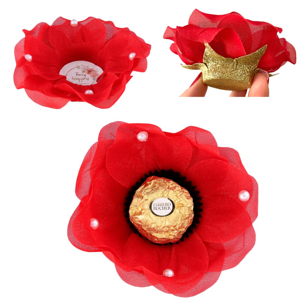 24 Elegant Fabric Flower Truffle Wrappers with Pearl Accents | Mini Cupcake Liners for Wedding Favors | Chocolate Covered Strawberry Supplies | Strawberry Shaped Liners for Desserts | Brigadeiro Molds | Perfect for Weddings, Baby Showers & Party Decorations