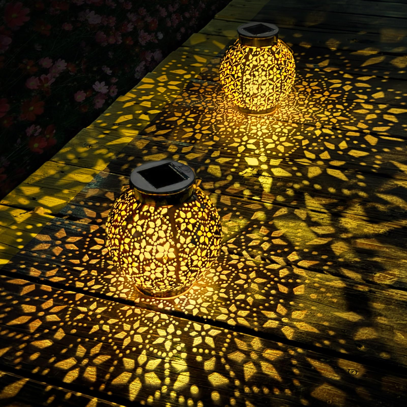 2 Pack Outdoor Solar Lantern Lights - Waterproof LED Moroccan Tabletop & Hanging Metal Garden Lights for Patio, Lawn, Porch, Backyard | Perfect for Evening Gatherings, Wedding Decor & Pathway Lighting