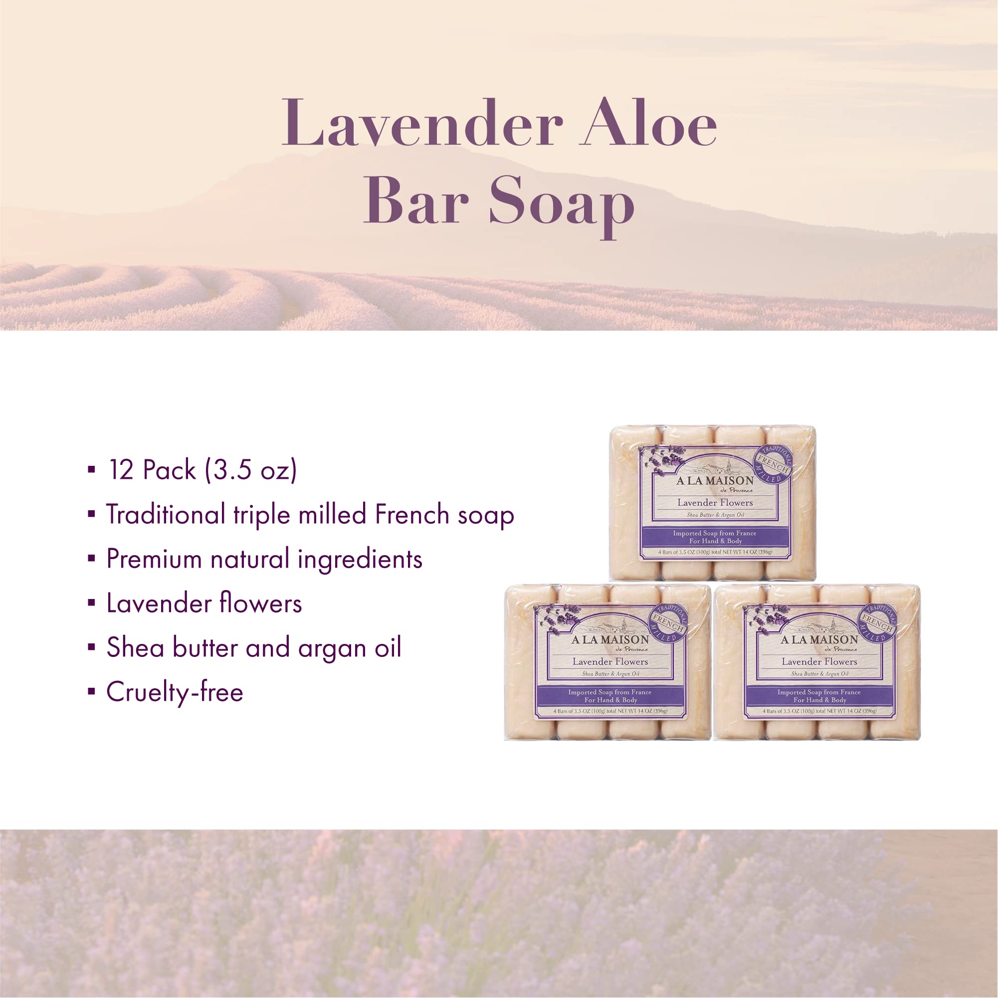 A LA MAISON - Natural Lavender Aloe Bar Soap, Triple French Milled, Moisturizing Hand Soap (4 Pack, 3.5 oz Each) - Gentle Cleansing for Dry Skin, Perfect for Bath, Shower & Gift Giving