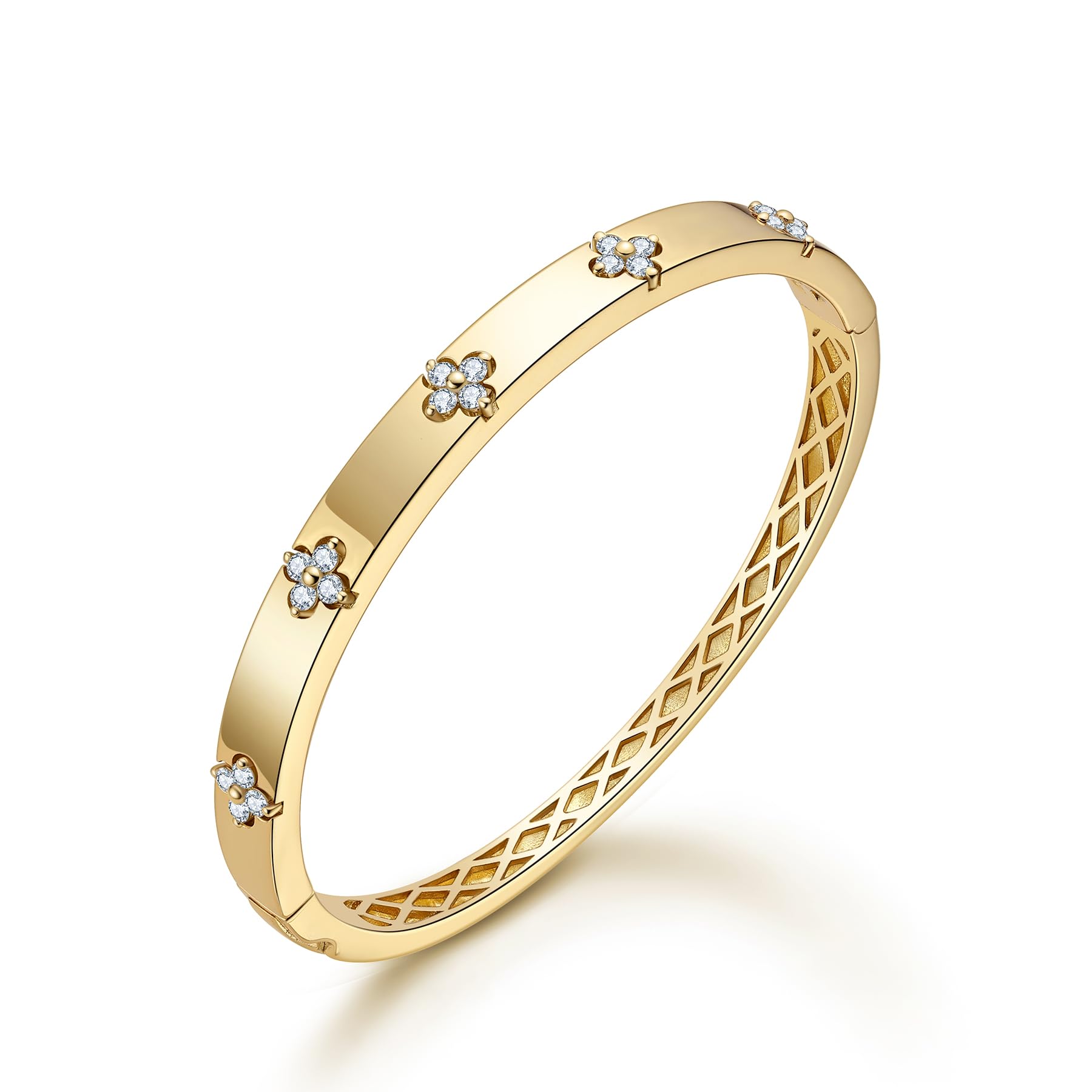Luxury Moissanite Clover Bangle Bracelet for Women - D Color VVS1 Clarity 3EX Cut - 925 Sterling Silver 18K Gold Plated - Lucky Charm Jewelry Gift for Birthday, Anniversary & Special Occasions