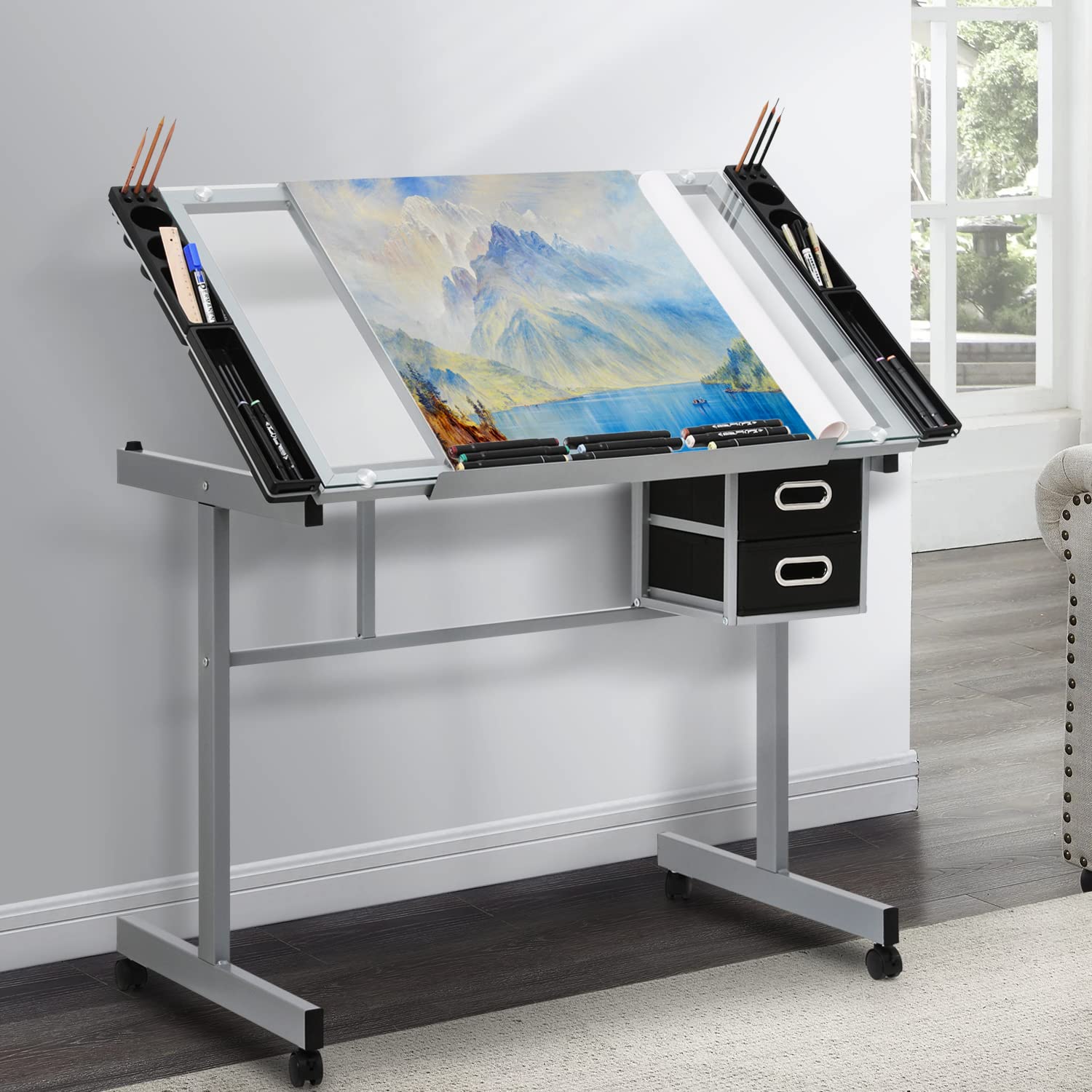 MoNiBloom Adjustable Drafting Table with Wheels, Storage & Side Tray - 0-65° Angle Glass Art Desk with Replaceable Feet for Artists, Architects & Designers - Perfect for Studio, Office & Home Workspace