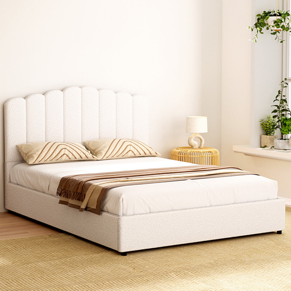 Fion Queen Boucle Upholstered Storage Bed in Cream White - Modern Platform Bed with Underbed Storage for Small Spaces, Bedroom Organization & Stylish Home Decor