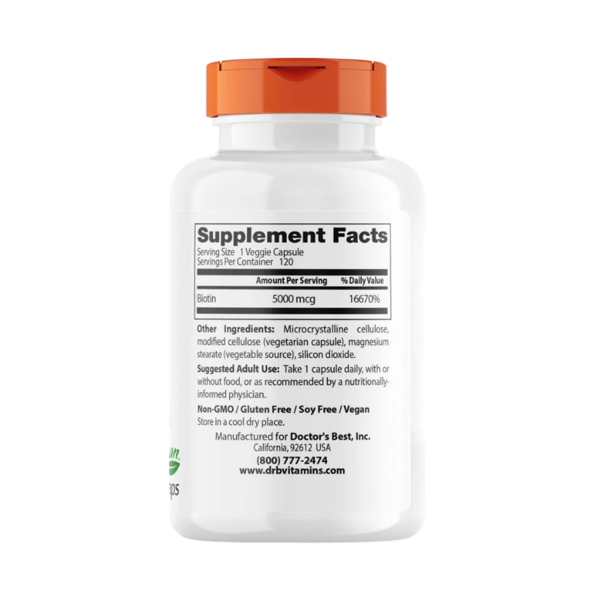 Doctor's Best Biotin 5000mcg Supplement - 120 Vegan Capsules for Hair, Skin & Nails Support - Promotes Healthy Growth for Men & Women