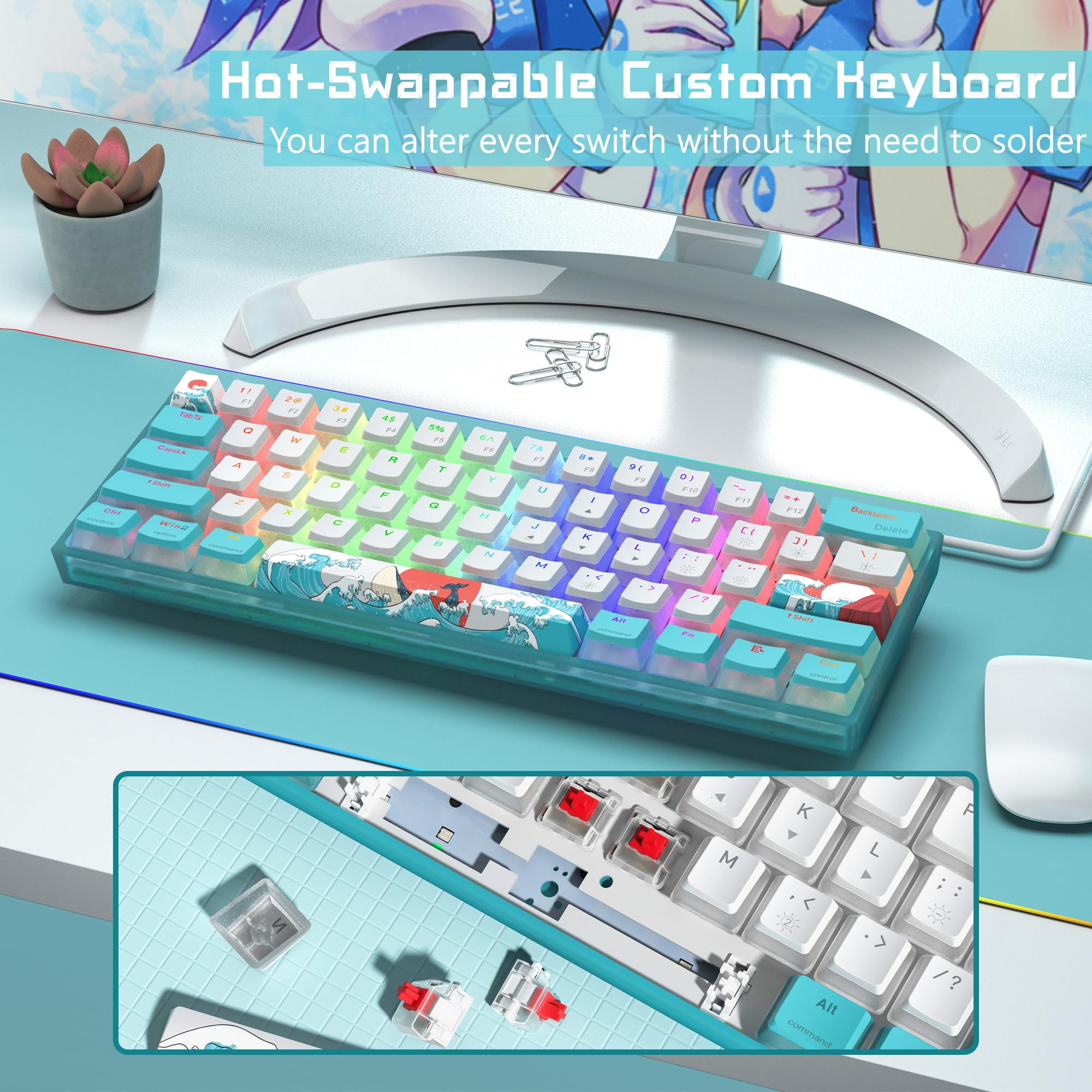Womier WK61 60% RGB Mechanical Gaming Keyboard - Hot-Swappable, PBT Keycaps, Red Switch for PC Gamers