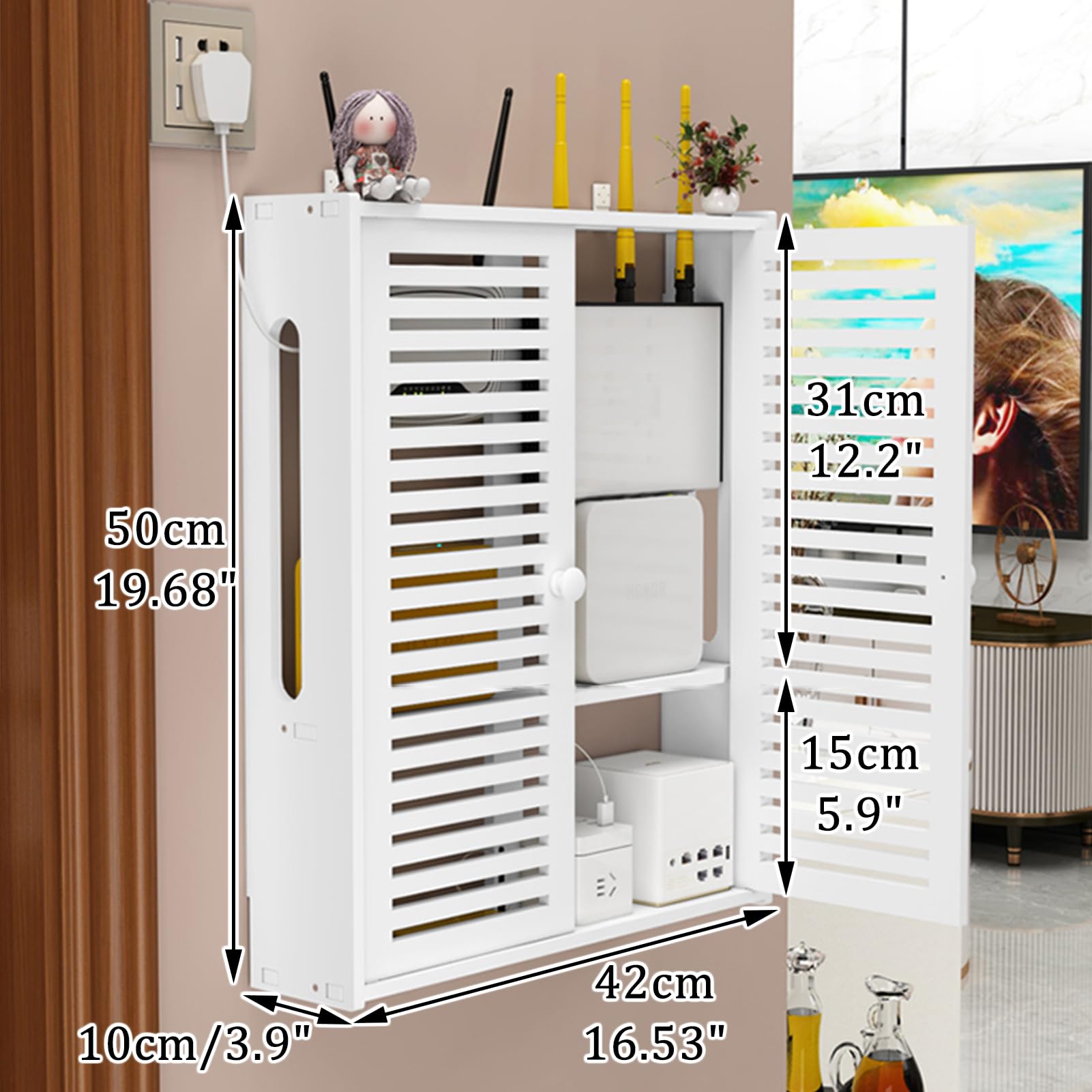 Wall Mount Router Shelf - WiFi Storage Box with Cable Management for Home & Office (42x10x50cm)