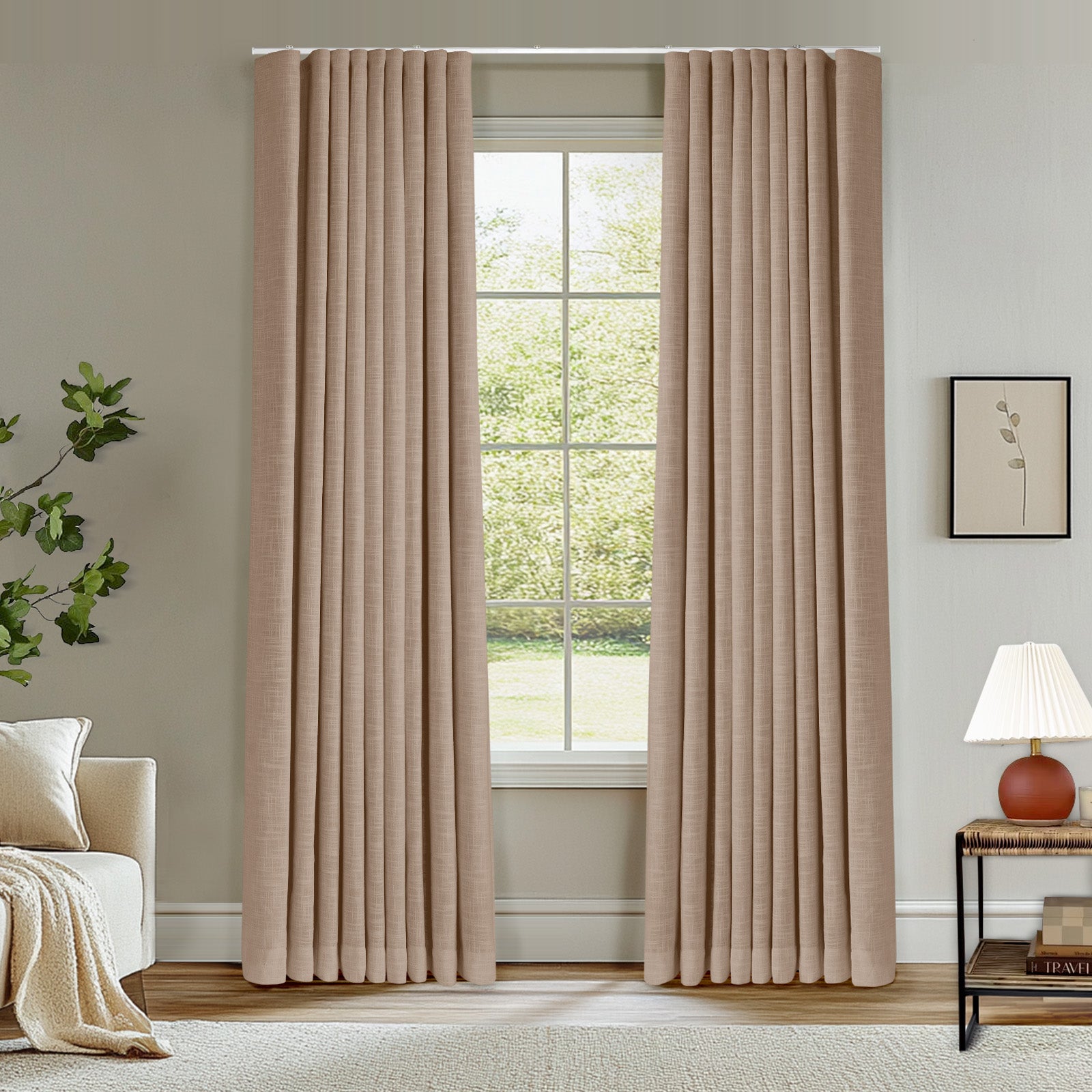 Ripple Fold Lille Linen Blackout Curtains - Custom Thermal Insulated Drapes with Ceiling Track - Ivory White for Living Room, Bedroom & Nursery