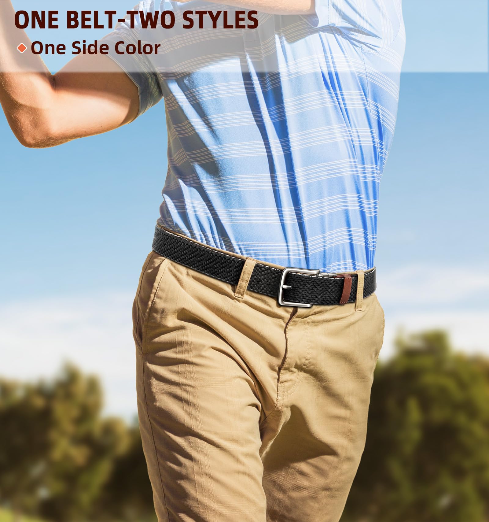 KEMISANT Reversible Braided Belt for Men - Stretchable Elastic Golf & Casual Belt - 2-in-1 Design (1 3/8