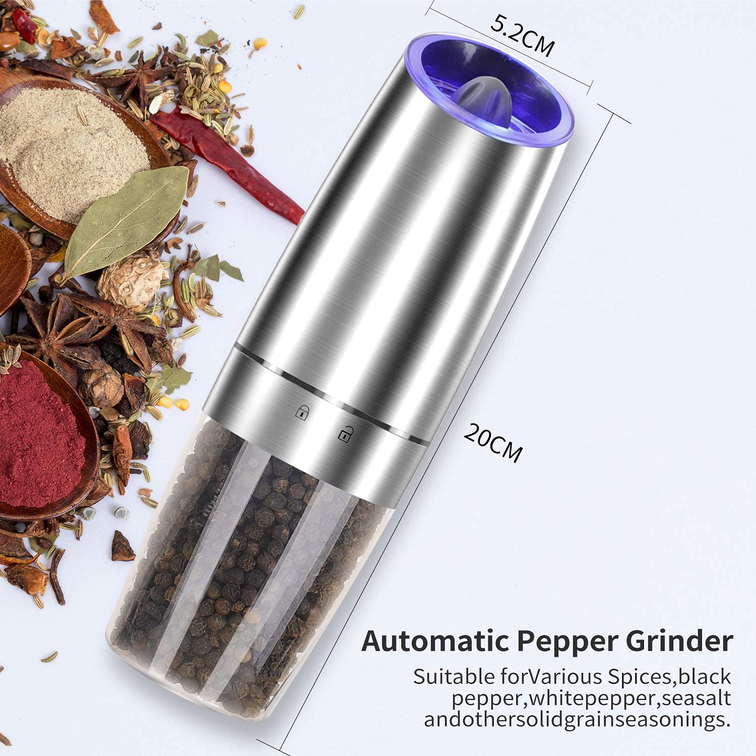 Premium Electric Salt and Pepper Grinder Set - 2 Pack Automatic Battery-Powered Mills with Adjustable Coarseness, One-Hand Operation & Blue LED Light - Stainless Steel Kitchen Gadget for Cooking, Dining & Gifting (Silver)