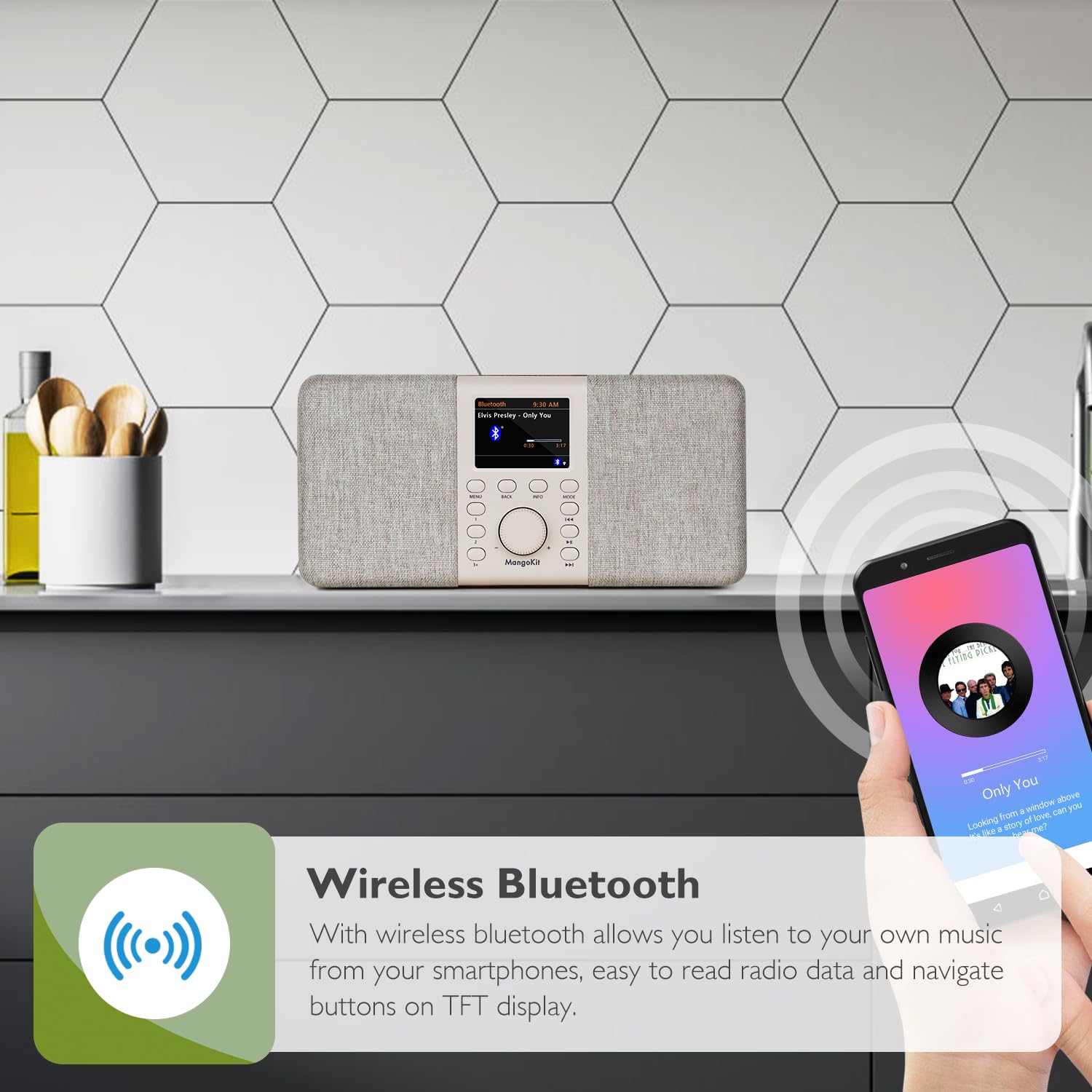 MangoKit SR20 Digital Internet Radio with DAB/DAB+, WiFi, Bluetooth, FM - Smart Podcast Player, Color Screen, Dual Alarms, AC/Battery Powered - Perfect for Kitchen, Bedroom, and Office Use