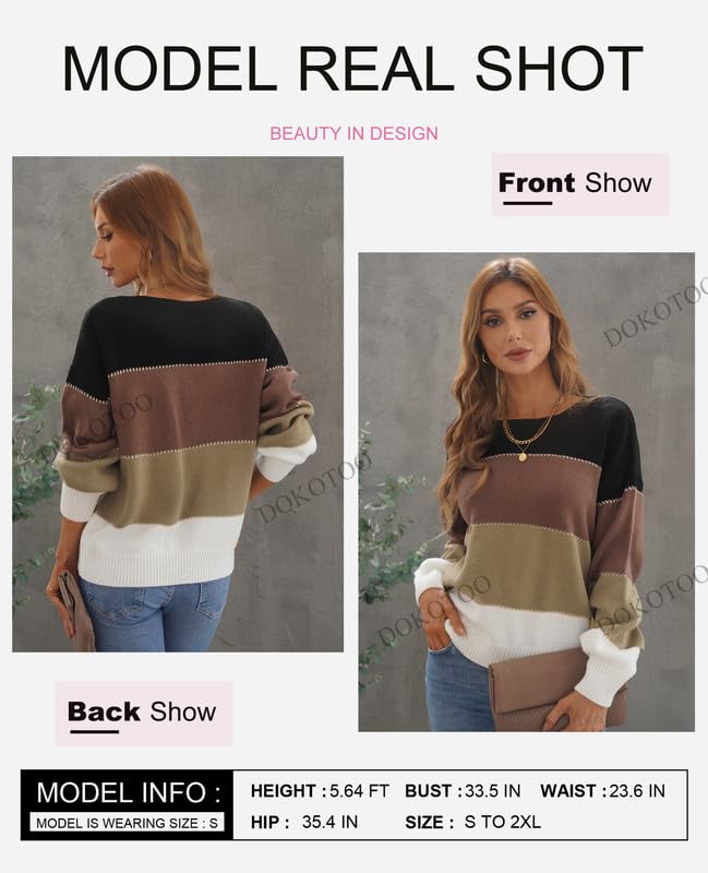 Dokotoo Women's Color Block Sweater Long Sleeve Crewneck Pullover Knit Jumper Top - Casual Winter Fashion for Office, Dating & Holiday Outfits
