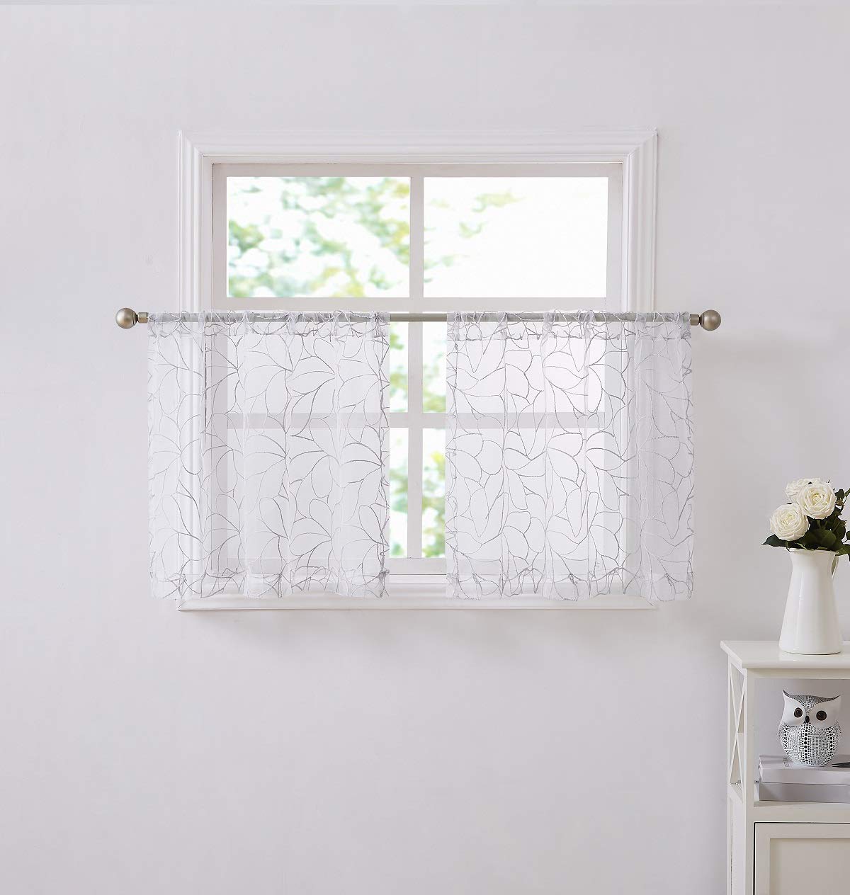 WARM HOME DESIGNS 30x24 Inch Short White Kitchen Curtains with Silver Grey Thread - Boho Cafe Style Window Treatments for RV, Basement & Bathroom | Light Filtering Tier Curtains 24 Inch Length