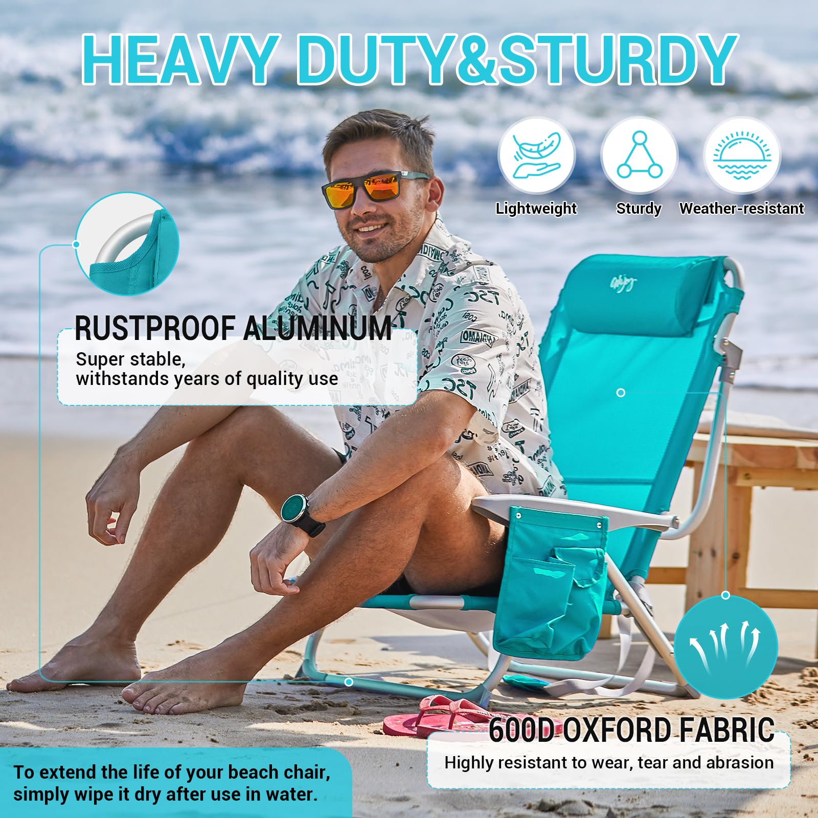 WEJOY Folding Beach Chair for Adults - 4 Position Adjustable Lightweight Aluminum Sand Chair with Shoulder Strap, Cup Holder & Padded Headrest - Supports 265lbs - Perfect for Beach, Camping, Backyard & Outdoor Relaxation